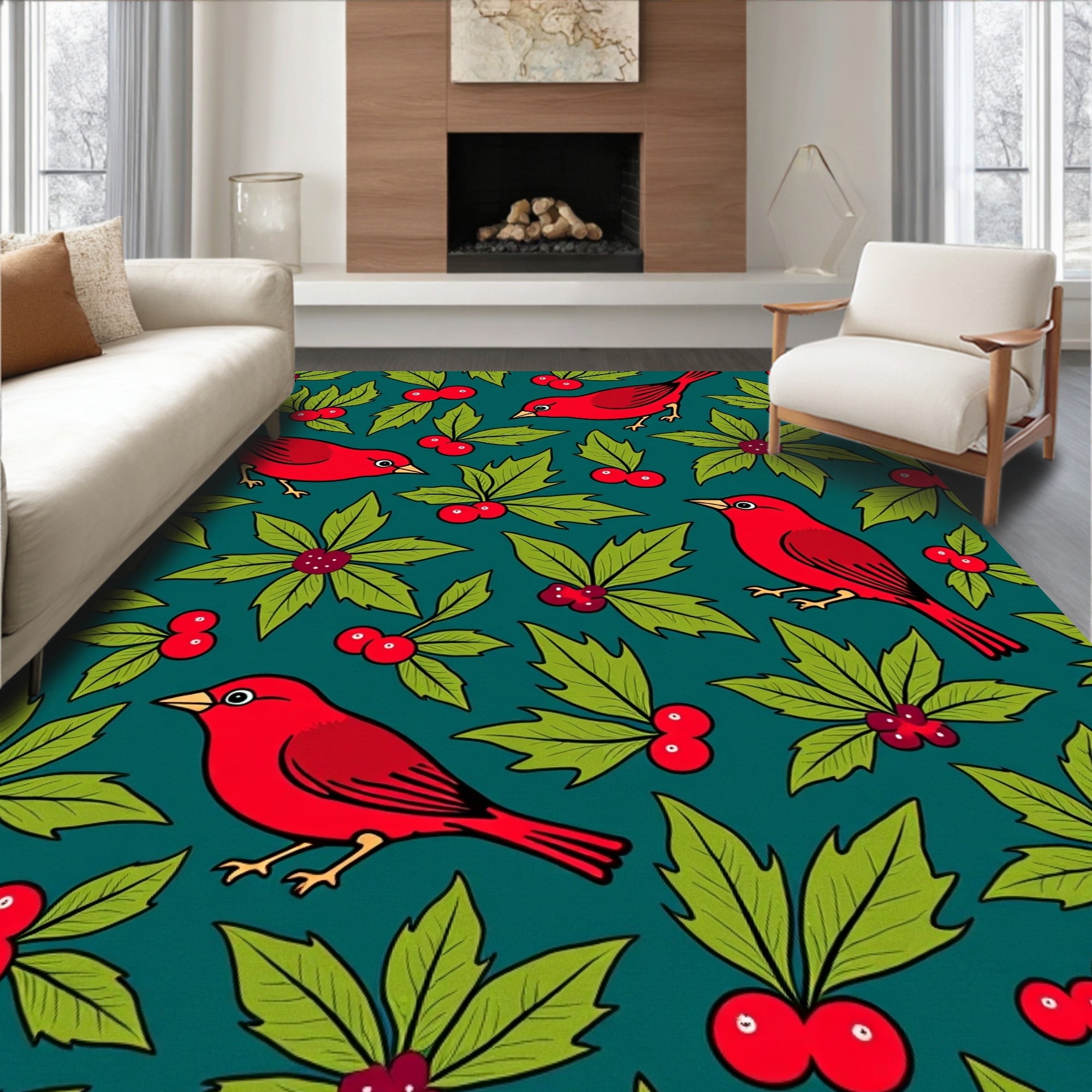 Vibrant Red Cardinal Holly Cluster Rug