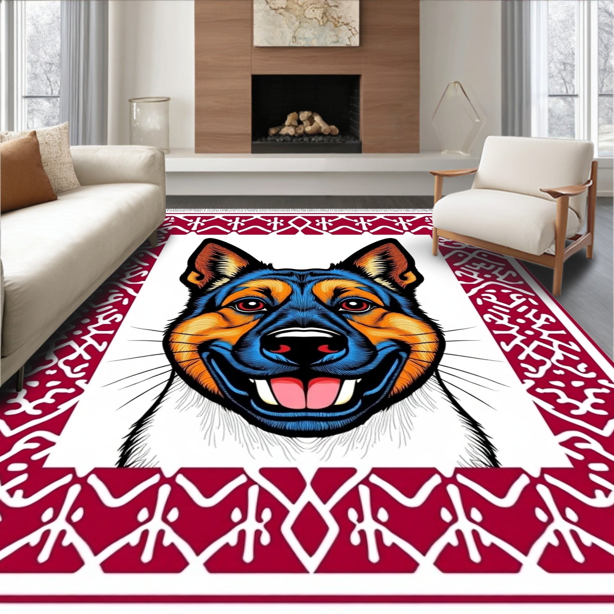 Crimson Dog Portrait Ornamental Border Rug