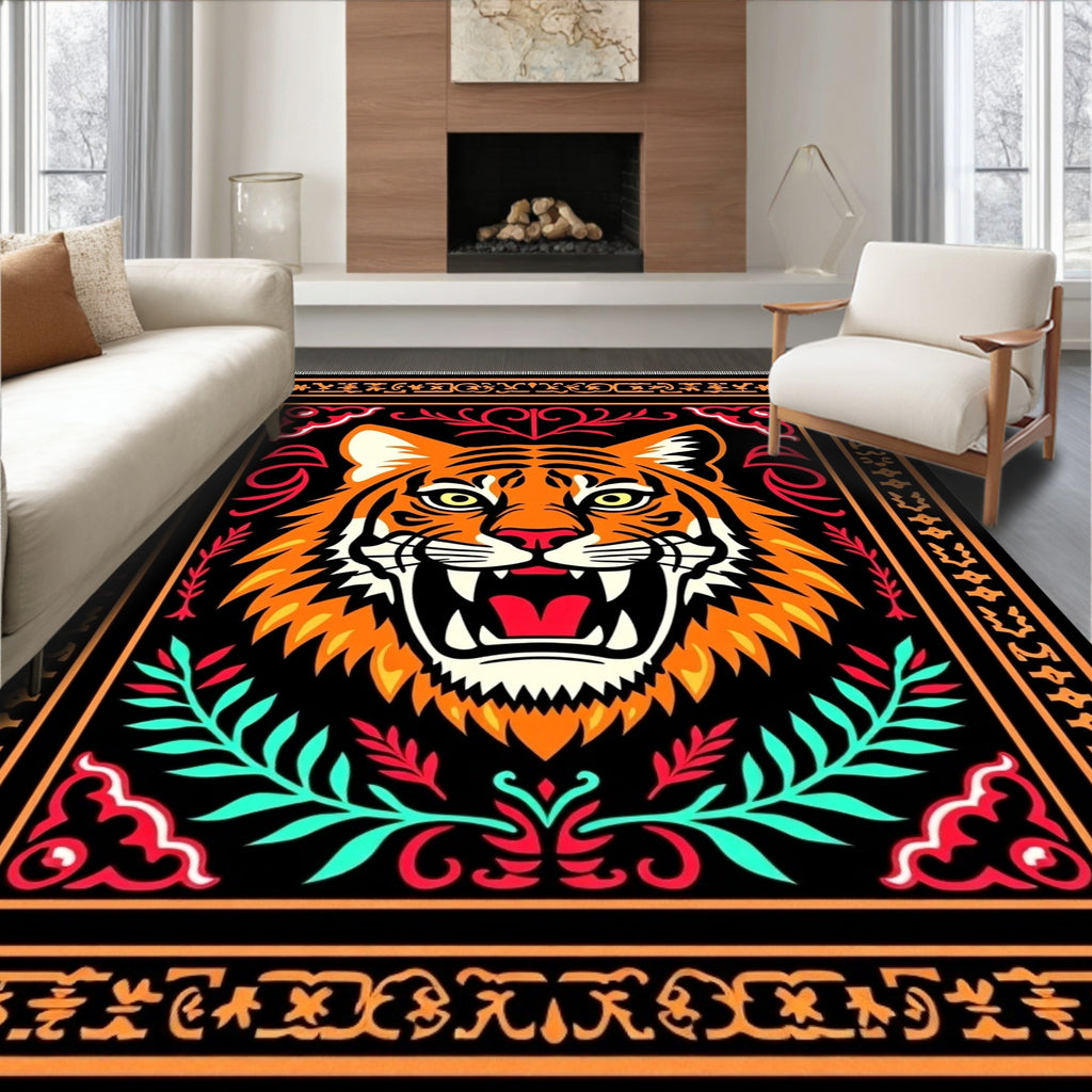 Bold Tiger Head Orange Black Rug