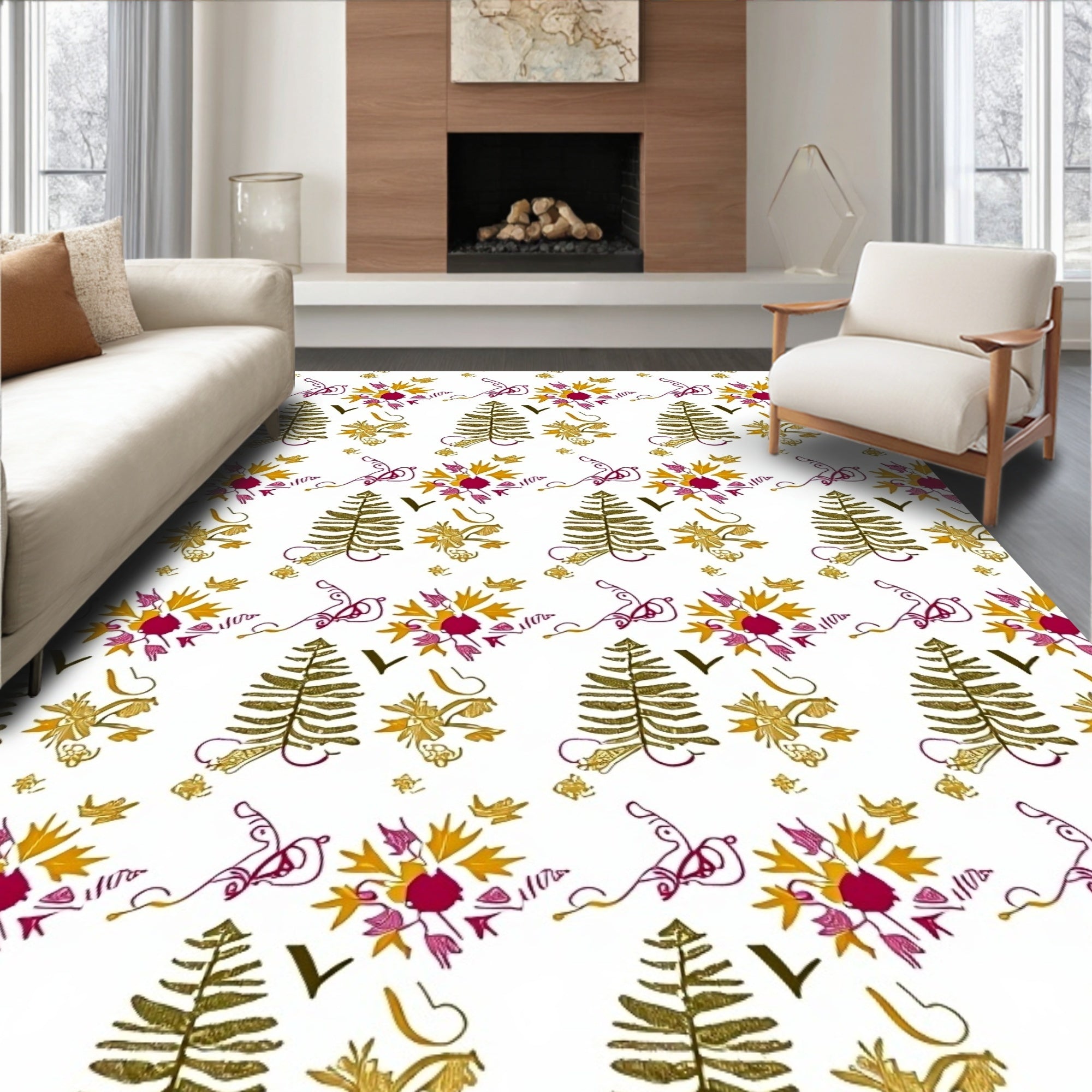 Gold Leafy Vine and Floral Rug
