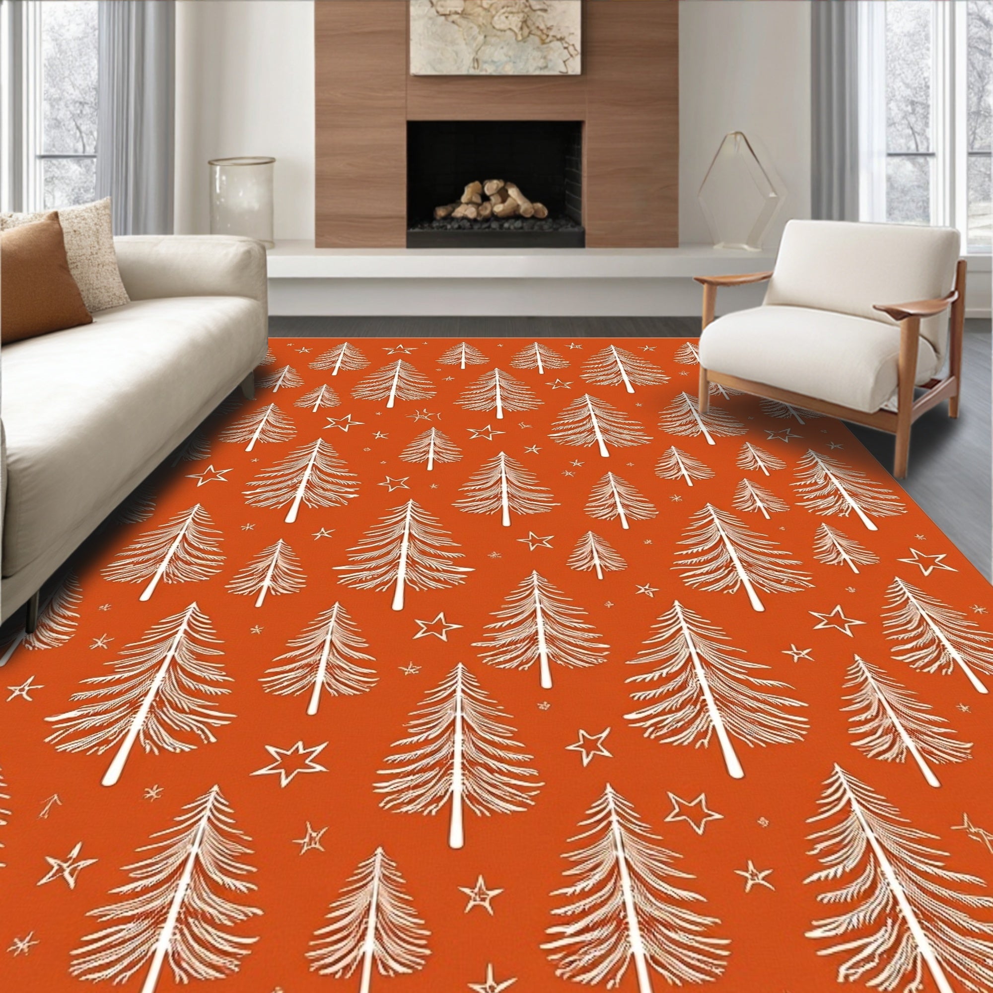 White Pine Trees and Stars Orange Rug