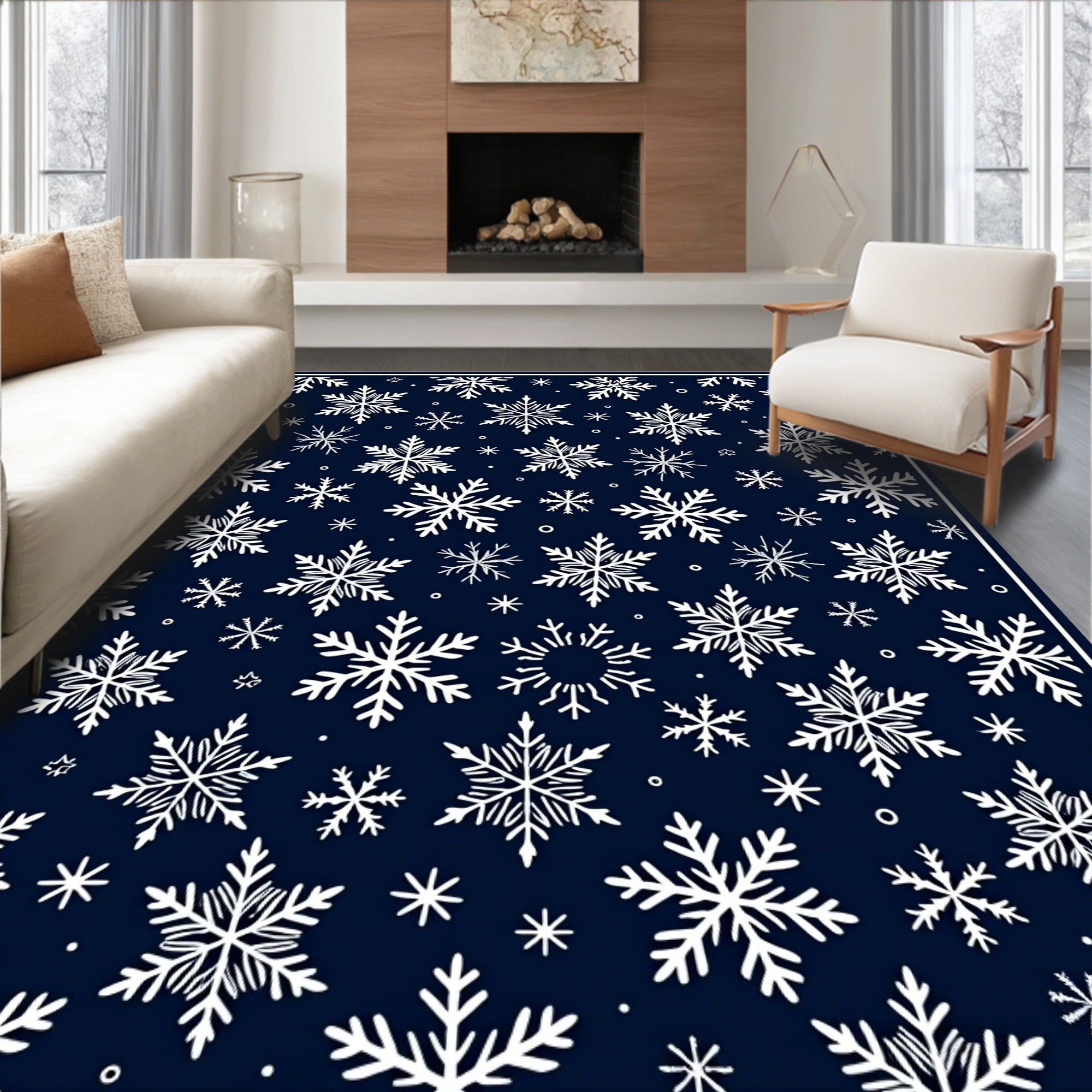Dark Blue Snowflake Winter Wonderland Rug