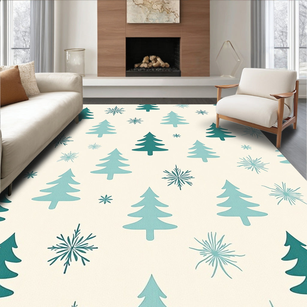 Teal Pine Trees Snowflakes Cream Cream Rug