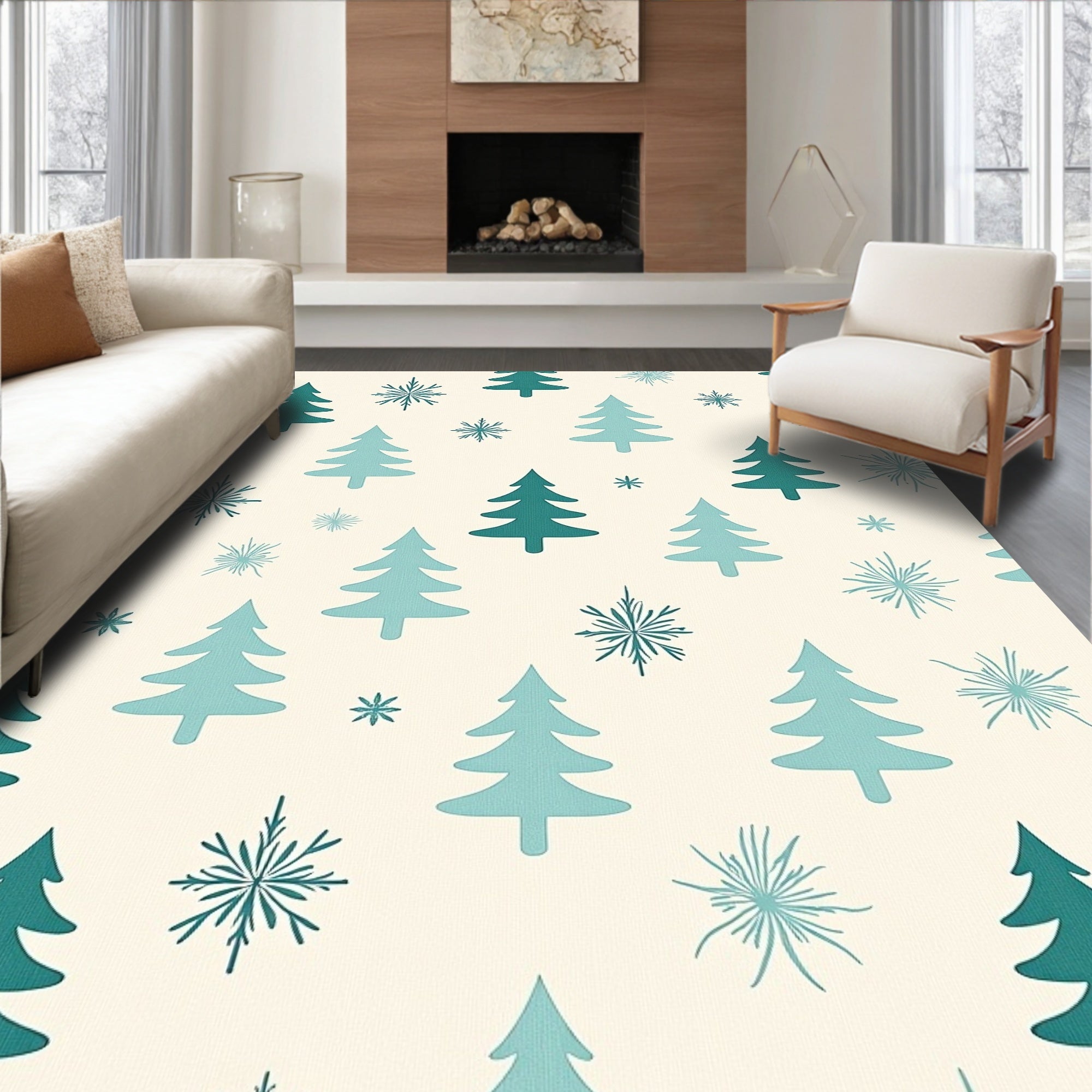 Teal Pine Trees Snowflakes Cream Cream Rug