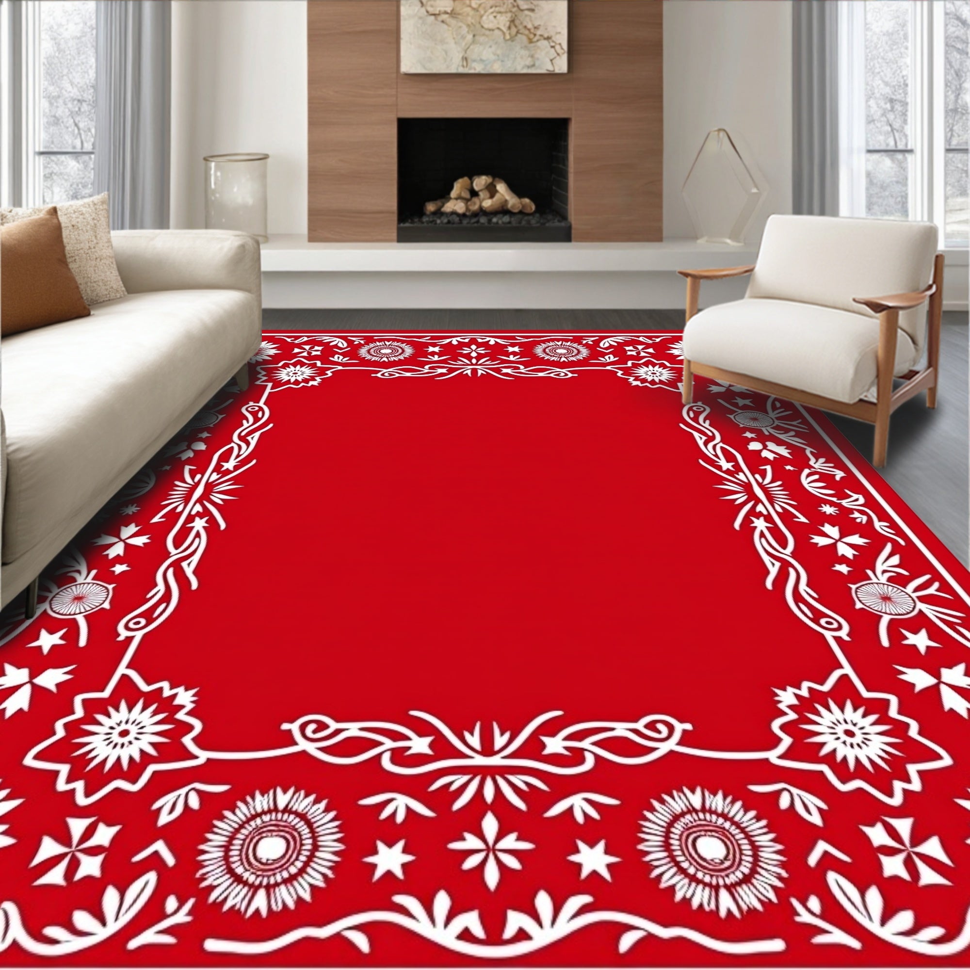 Crimson Folk Floral Border Rug
