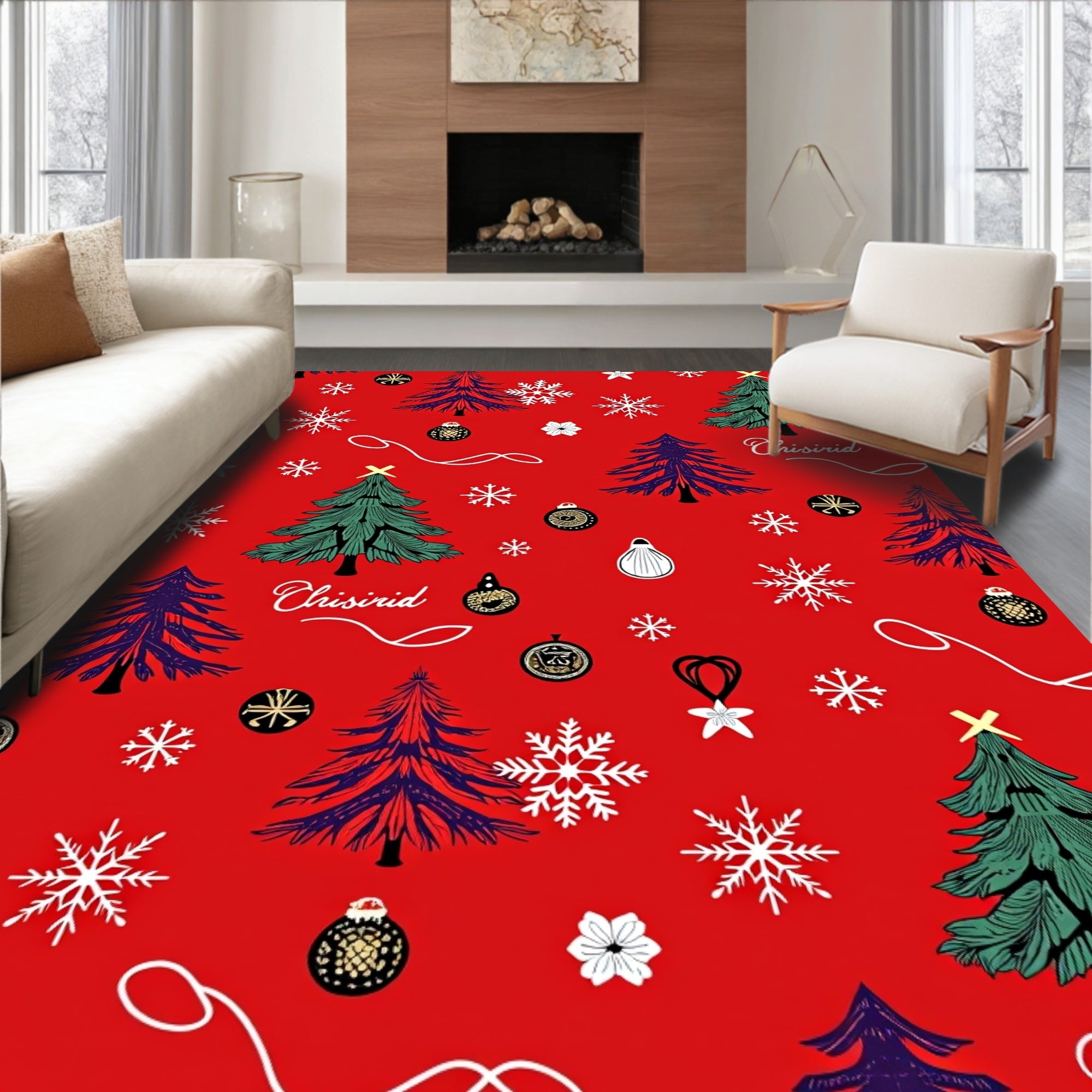 Red Christmas Trees Snowflakes Ornaments Rug