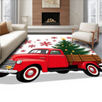 Red Vintage Truck Christmas Tree Snowflakes Rug