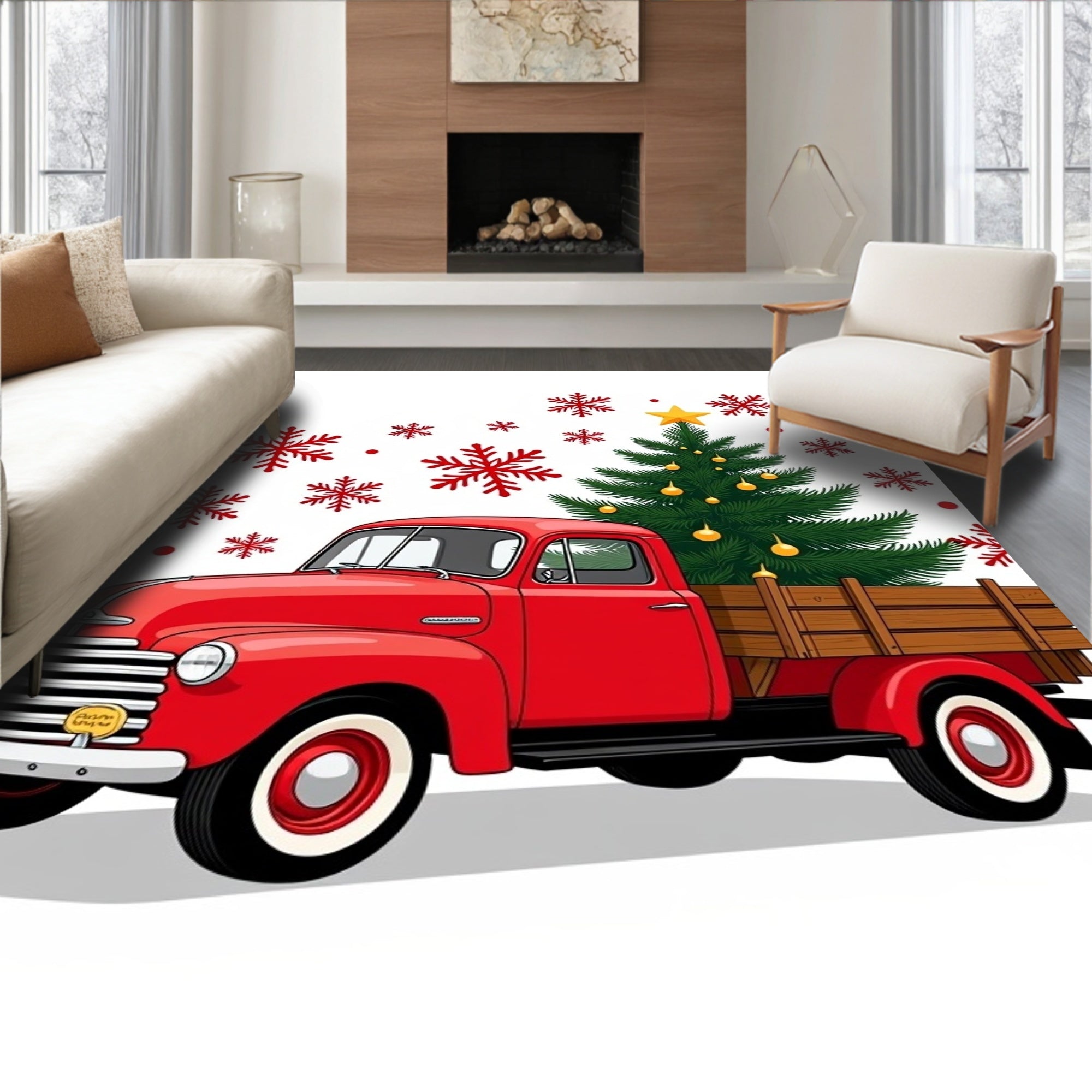 Red Vintage Truck Christmas Tree Snowflakes Rug