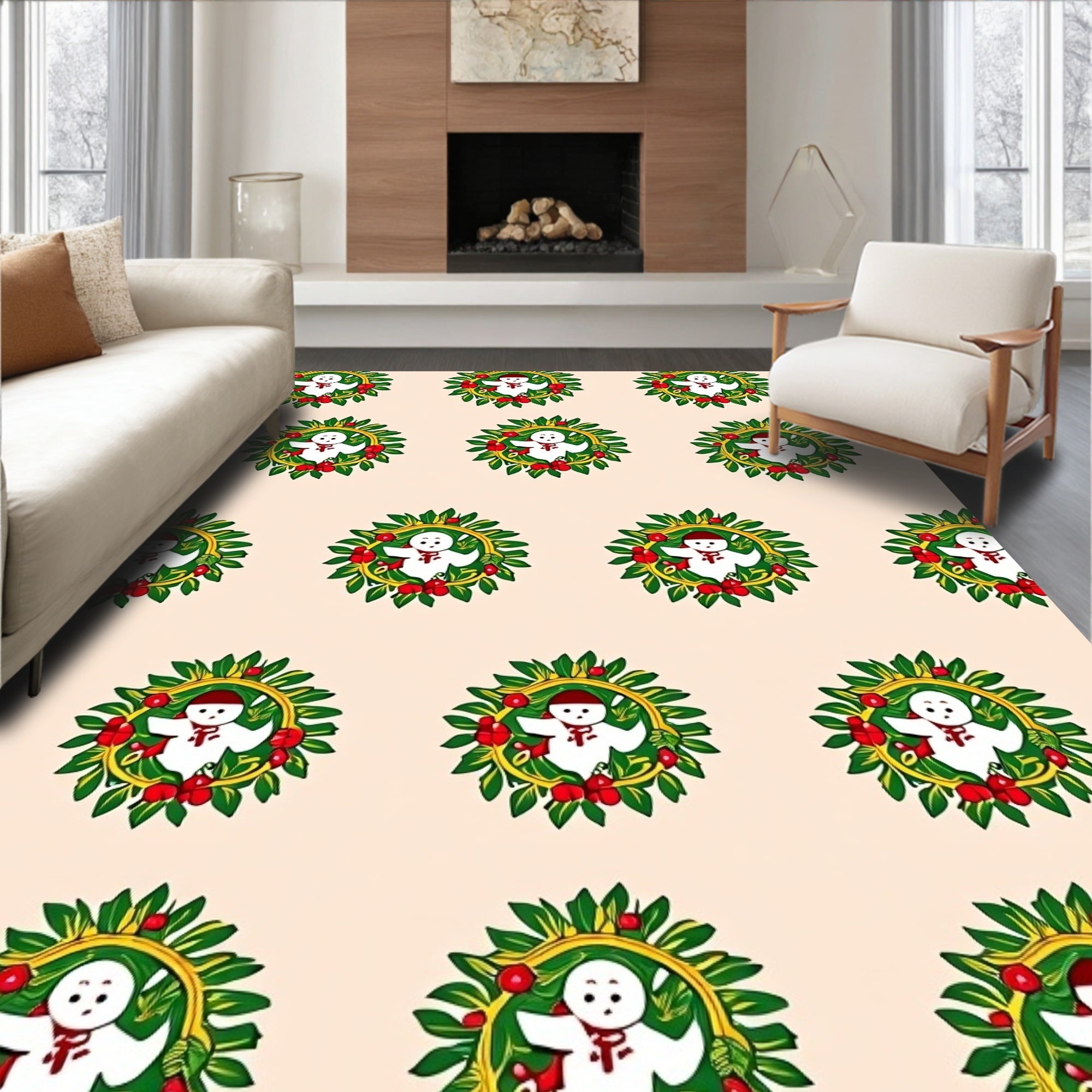 Festive Snowman Wreath Circle Repeats Rug