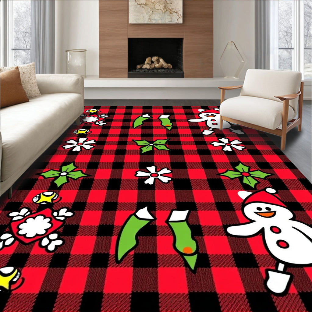Red Black Buffalo Check Christmas Characters Rug