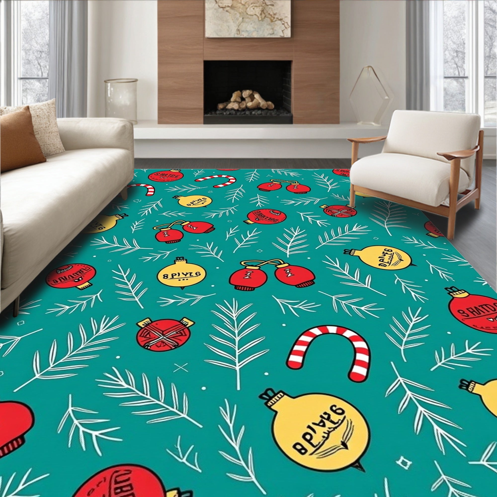 Red Yellow Christmas Ornaments Pine Sprigs Rug