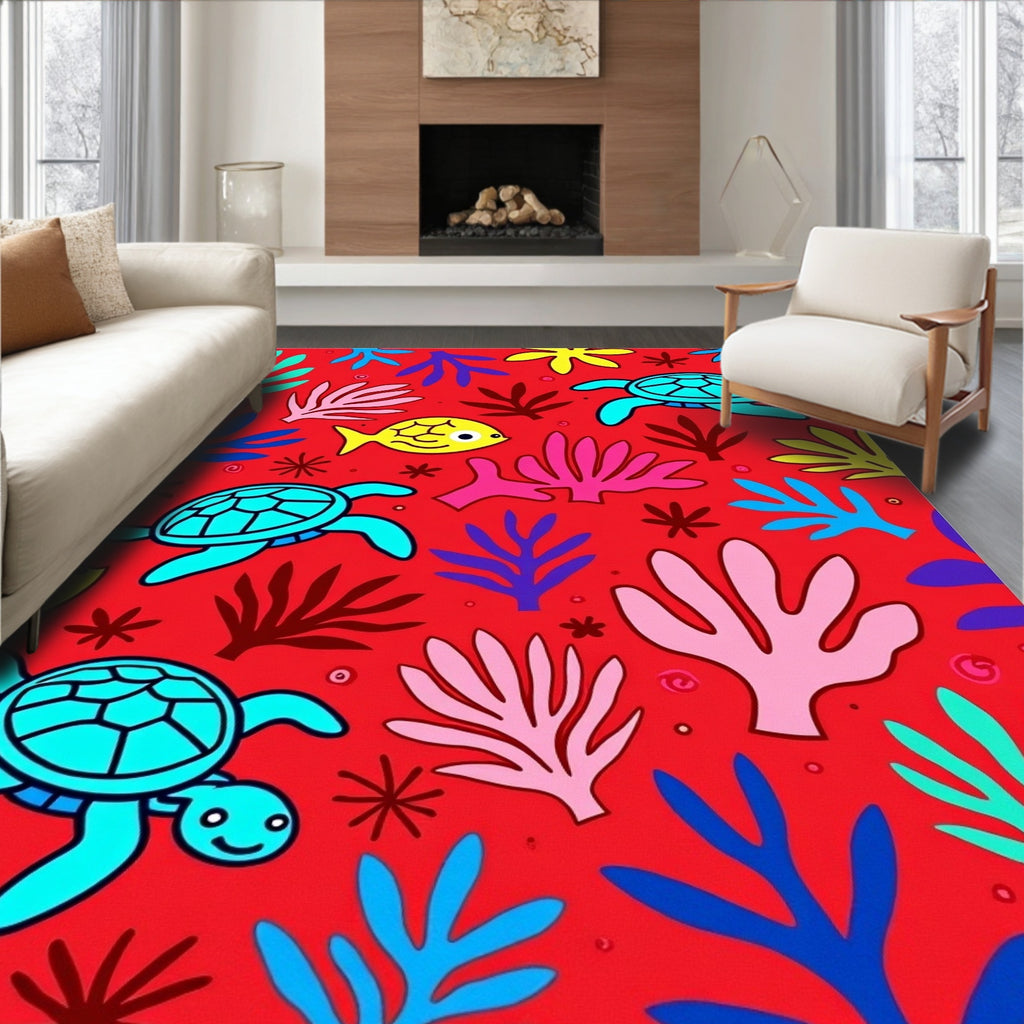 Vibrant Red Turtle Coral Fish Collage Rug