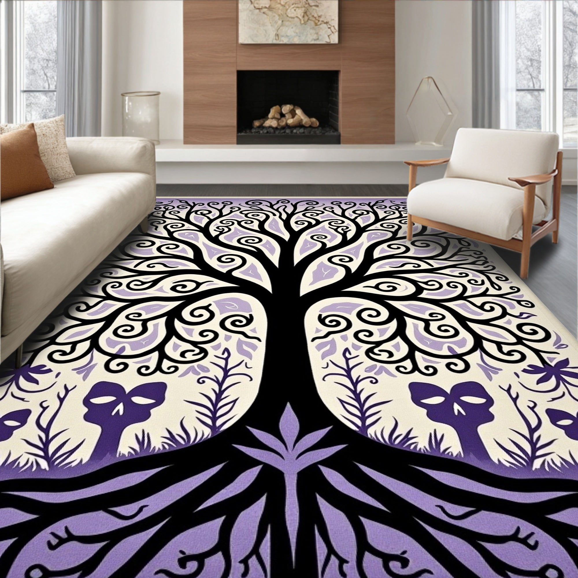 Whimsical Purple Skull Tree Roots Rug