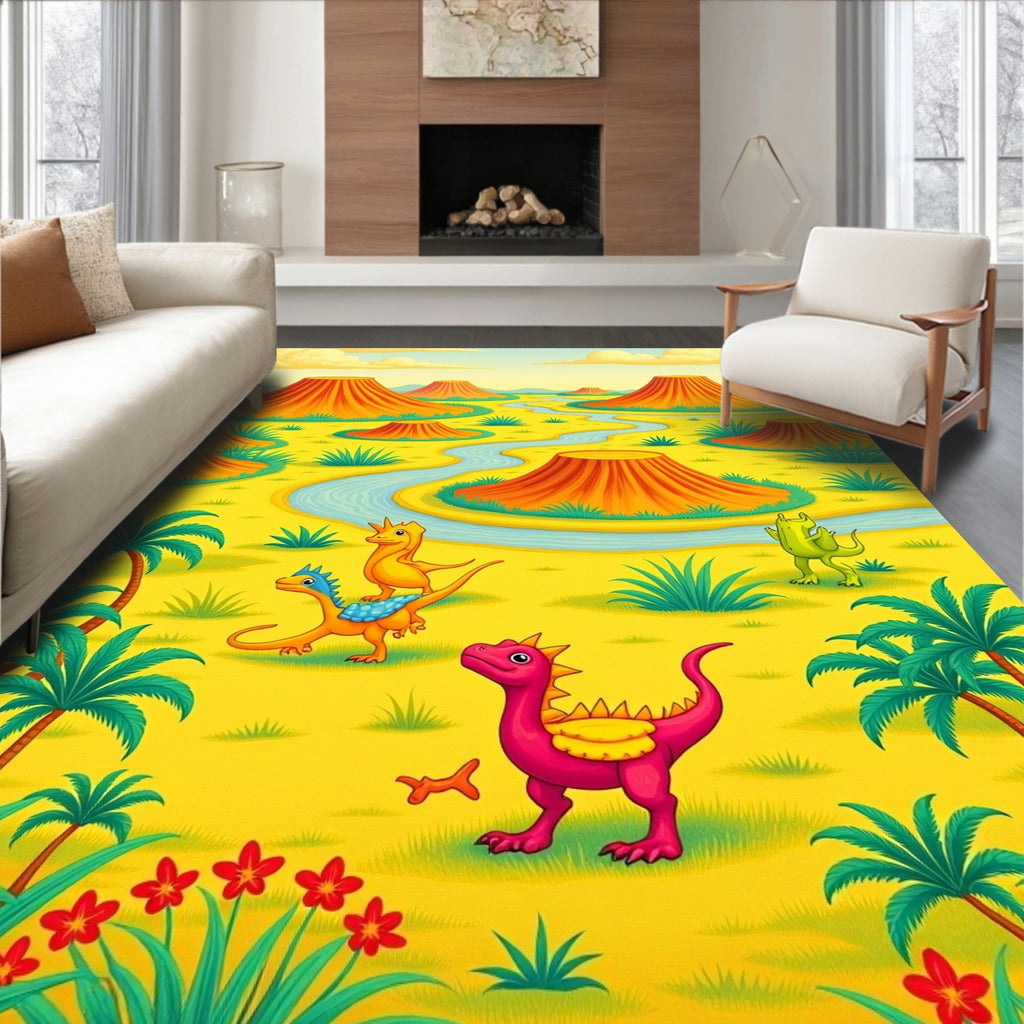 Whimsical Dinosaur Landscape Yellow Green Rug