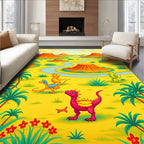 Whimsical Dinosaur Landscape Yellow Green Rug