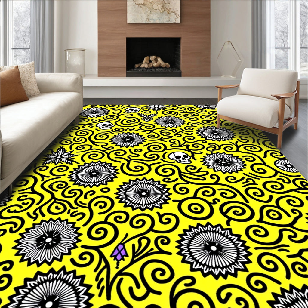 Yellow Black Skull Floral Swirl Rug