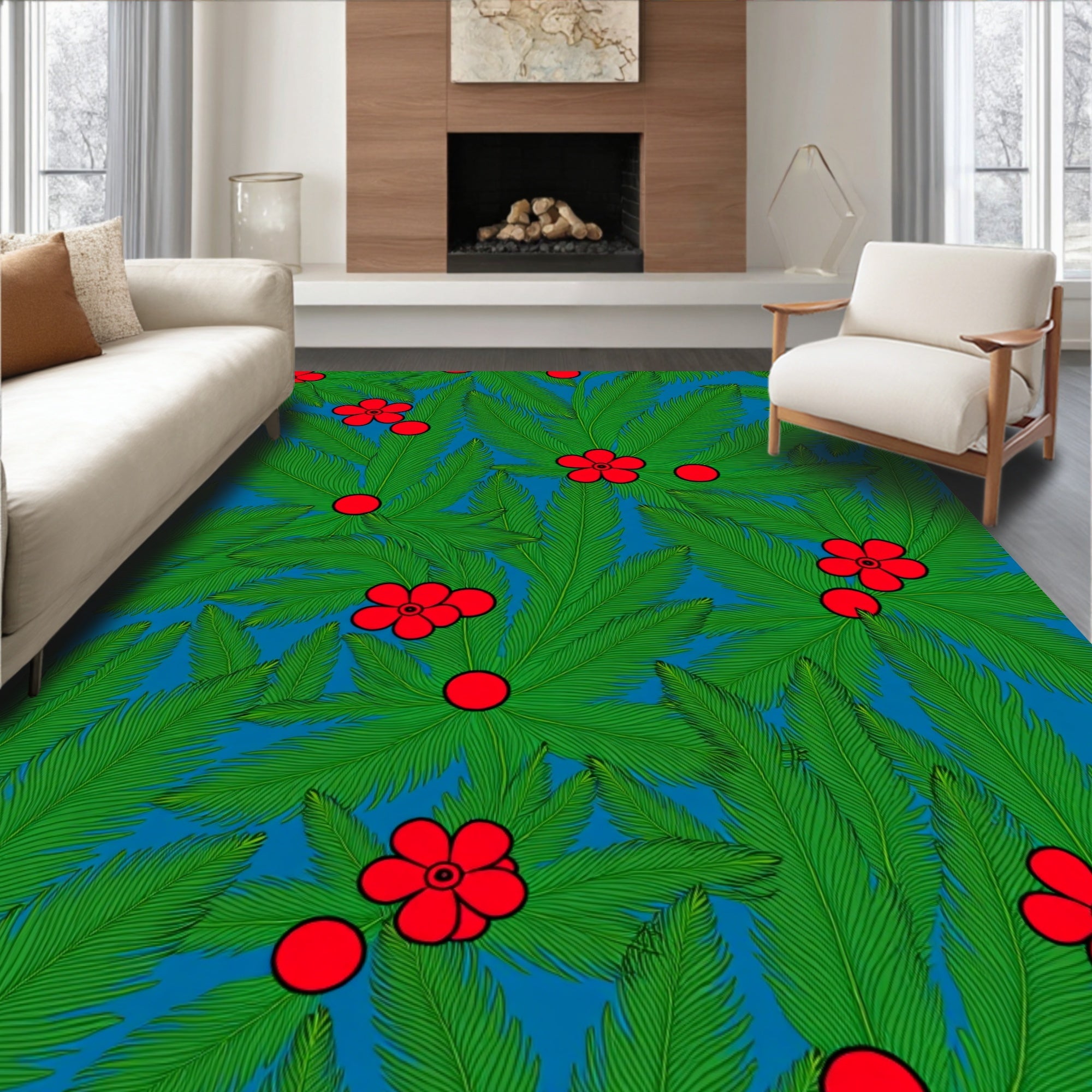 Green Tropical Feathery Bloom Rug