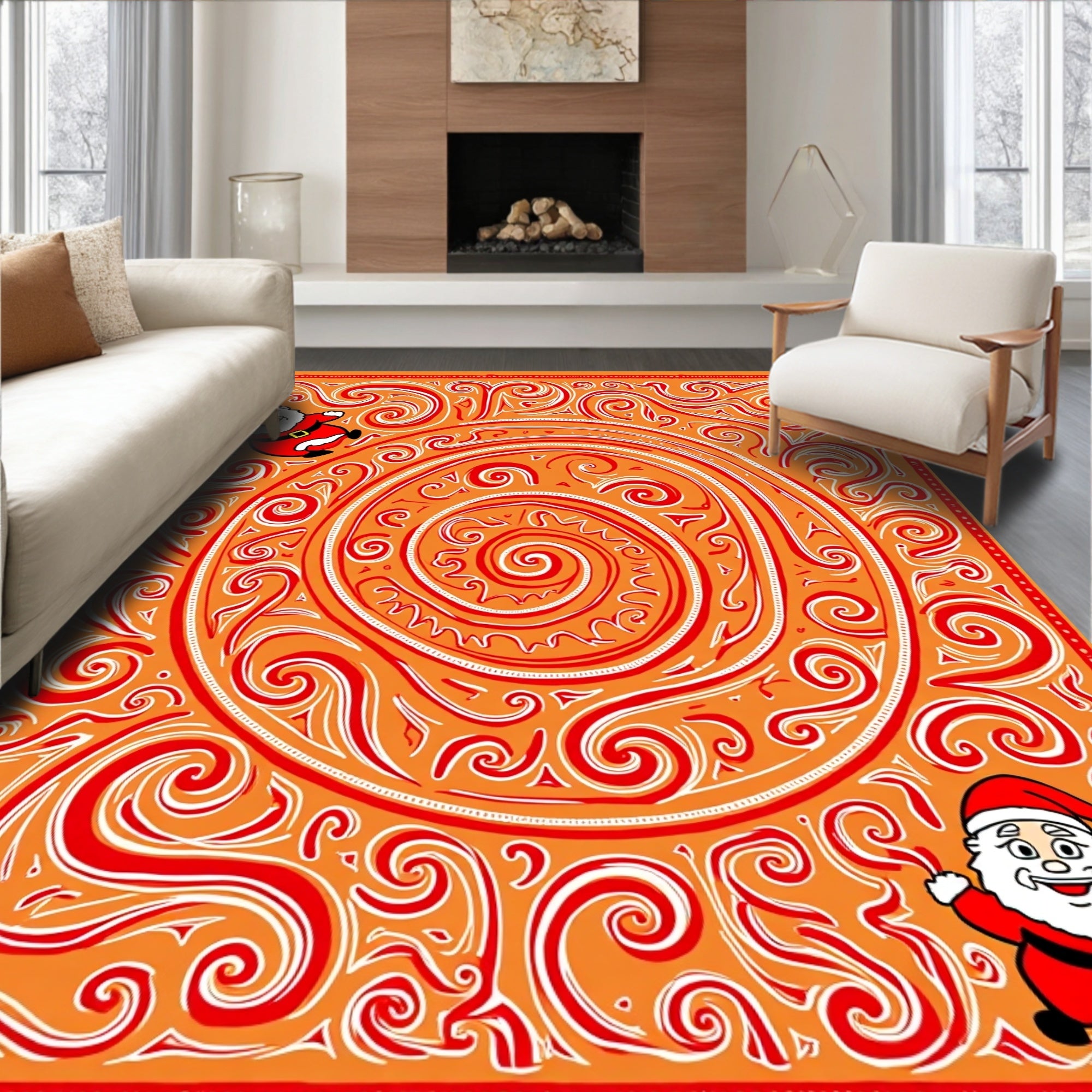 Whimsical Orange Santa Swirls Rug