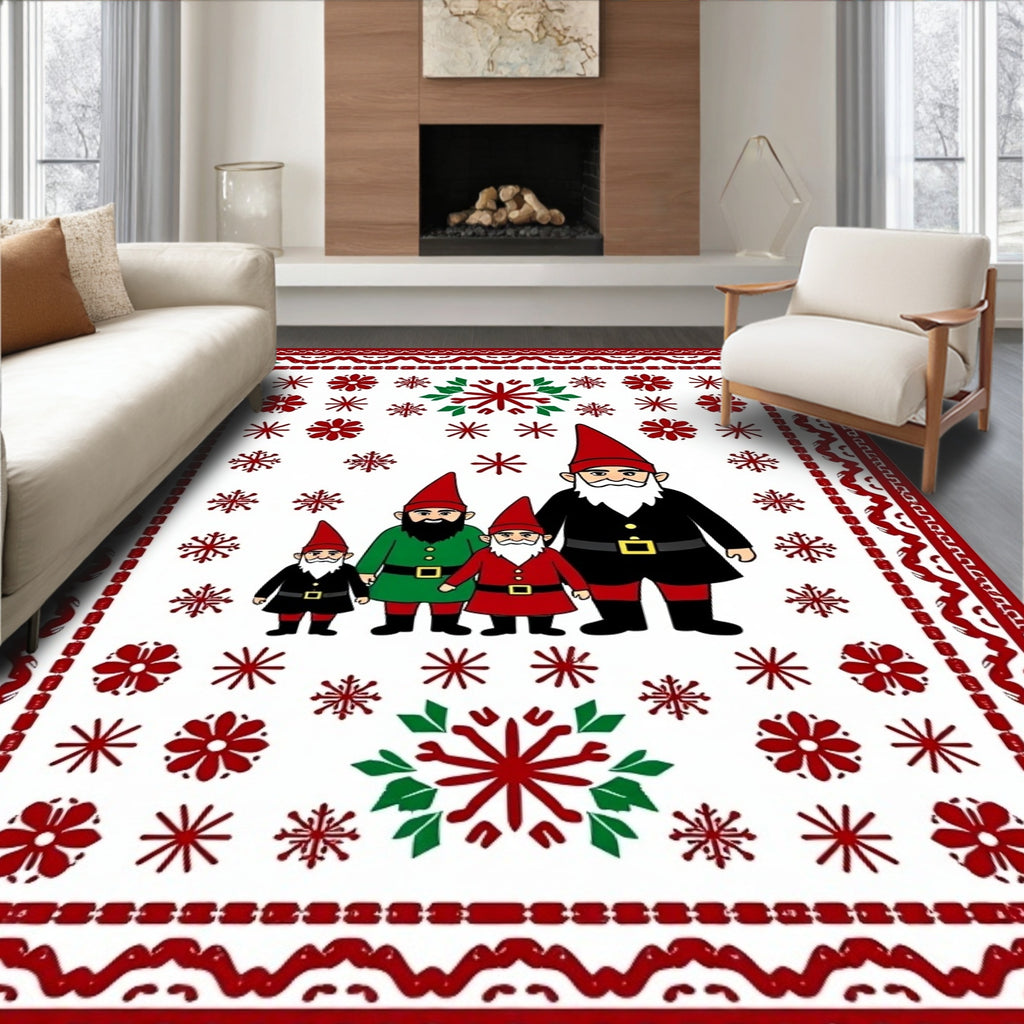 Whimsical Red Festive Gnome Family Snowflakes Rug