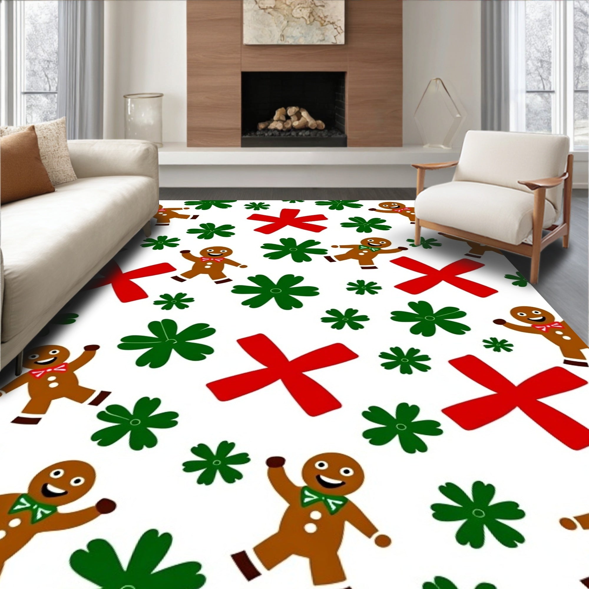 Gingerbread Men Green Snowflakes Red Crosses Rug