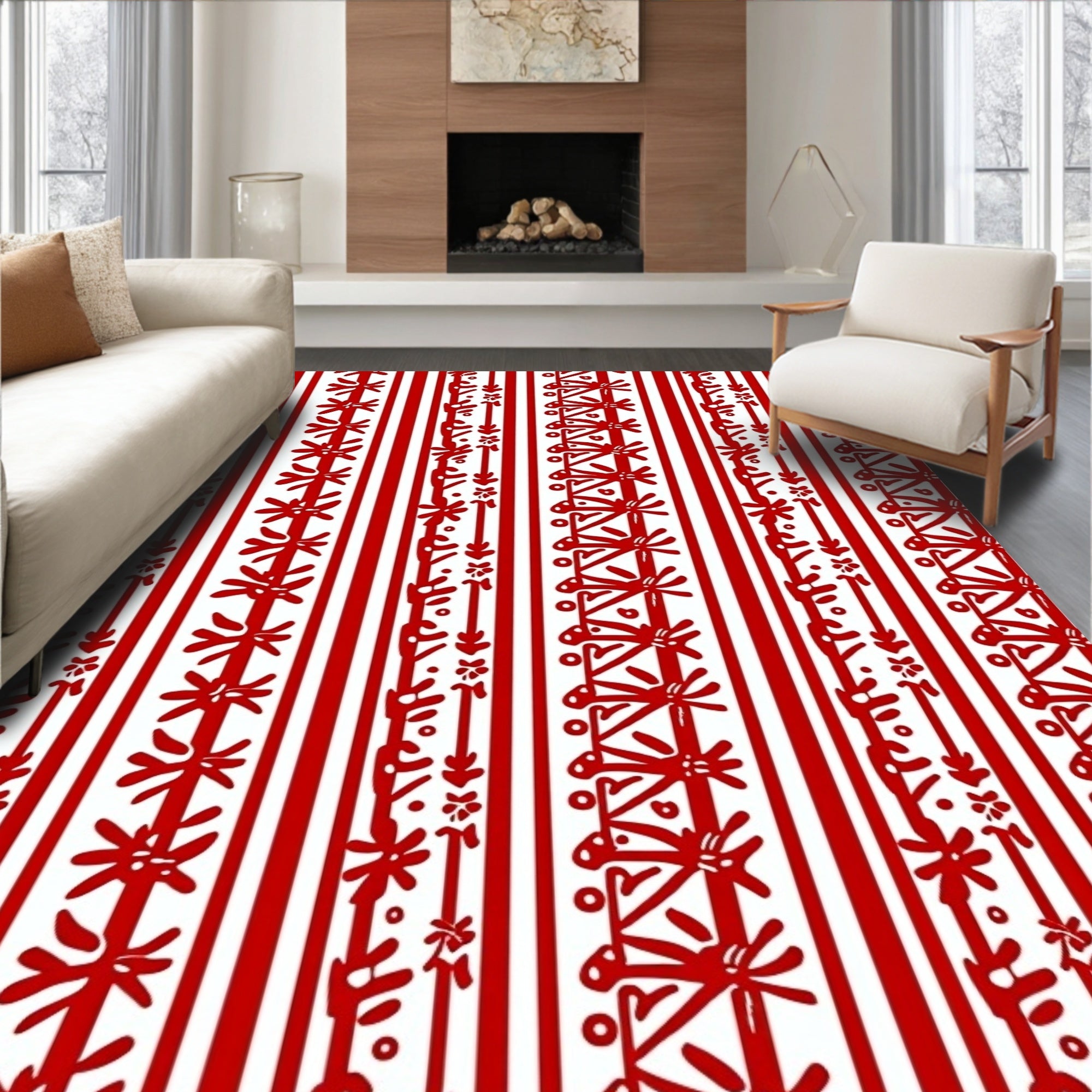 Red White Vertical Stripe Floral Motif Rug