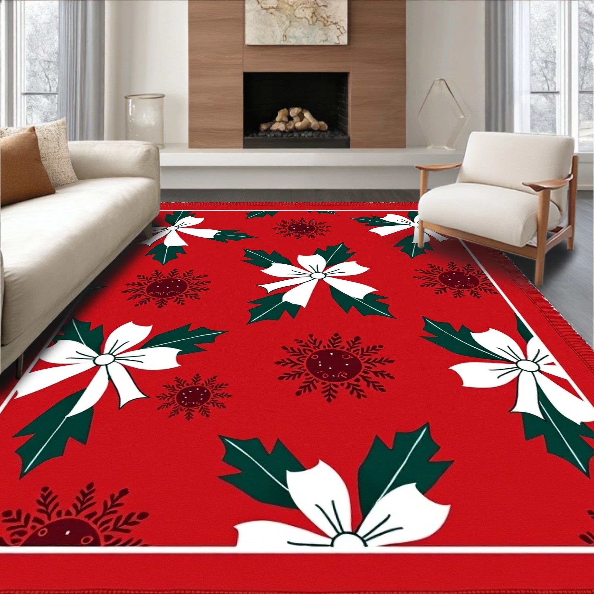 Red White Holly Bow Snowflake Rug
