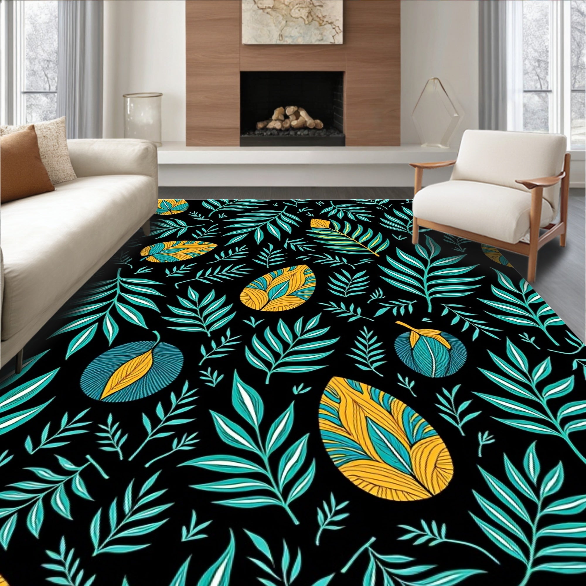 Teal Yellow Leafy Tropical Collage Rug