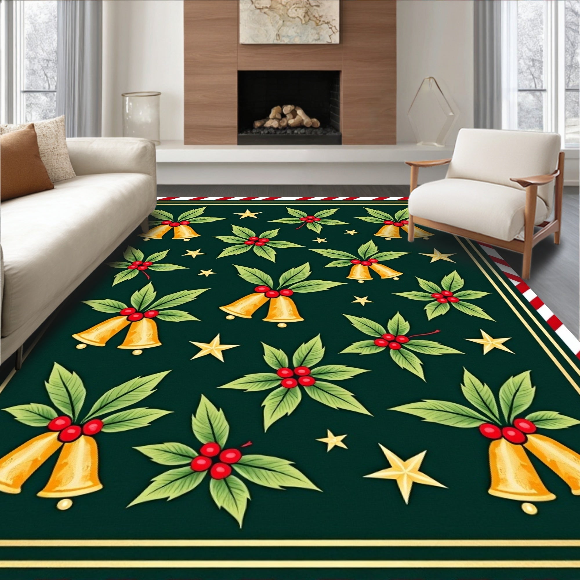 Golden Bells Holly Stars Forest Rug