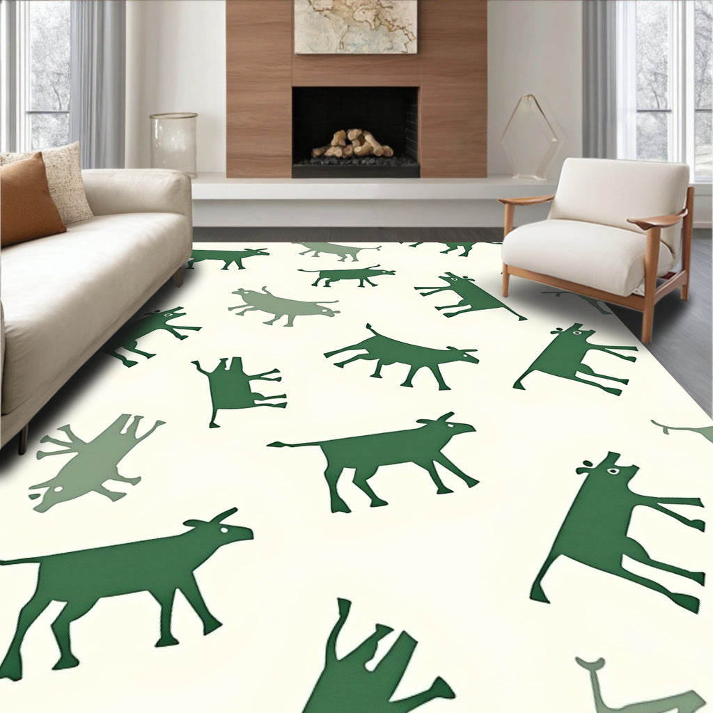 Dark Green Whimsical Cow Field Rug