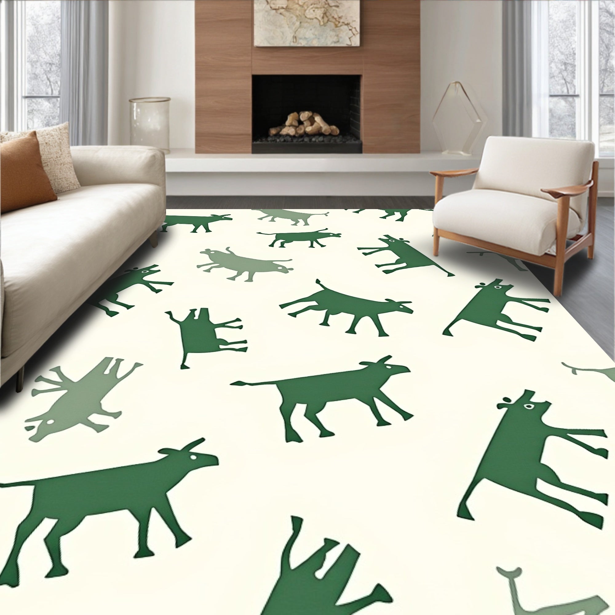 Dark Green Whimsical Cow Field Rug