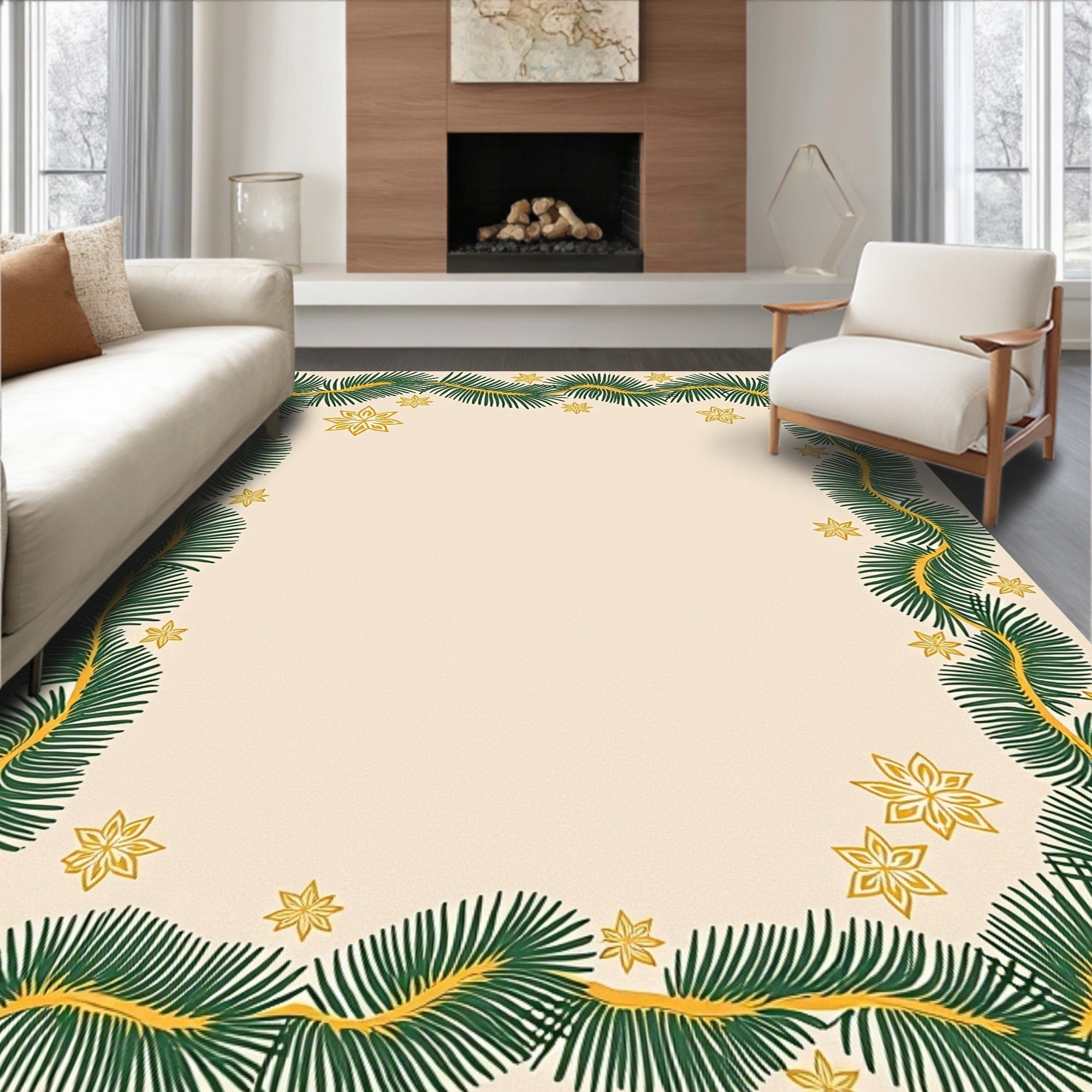 Green Pine Garland Gold Star Border Rug