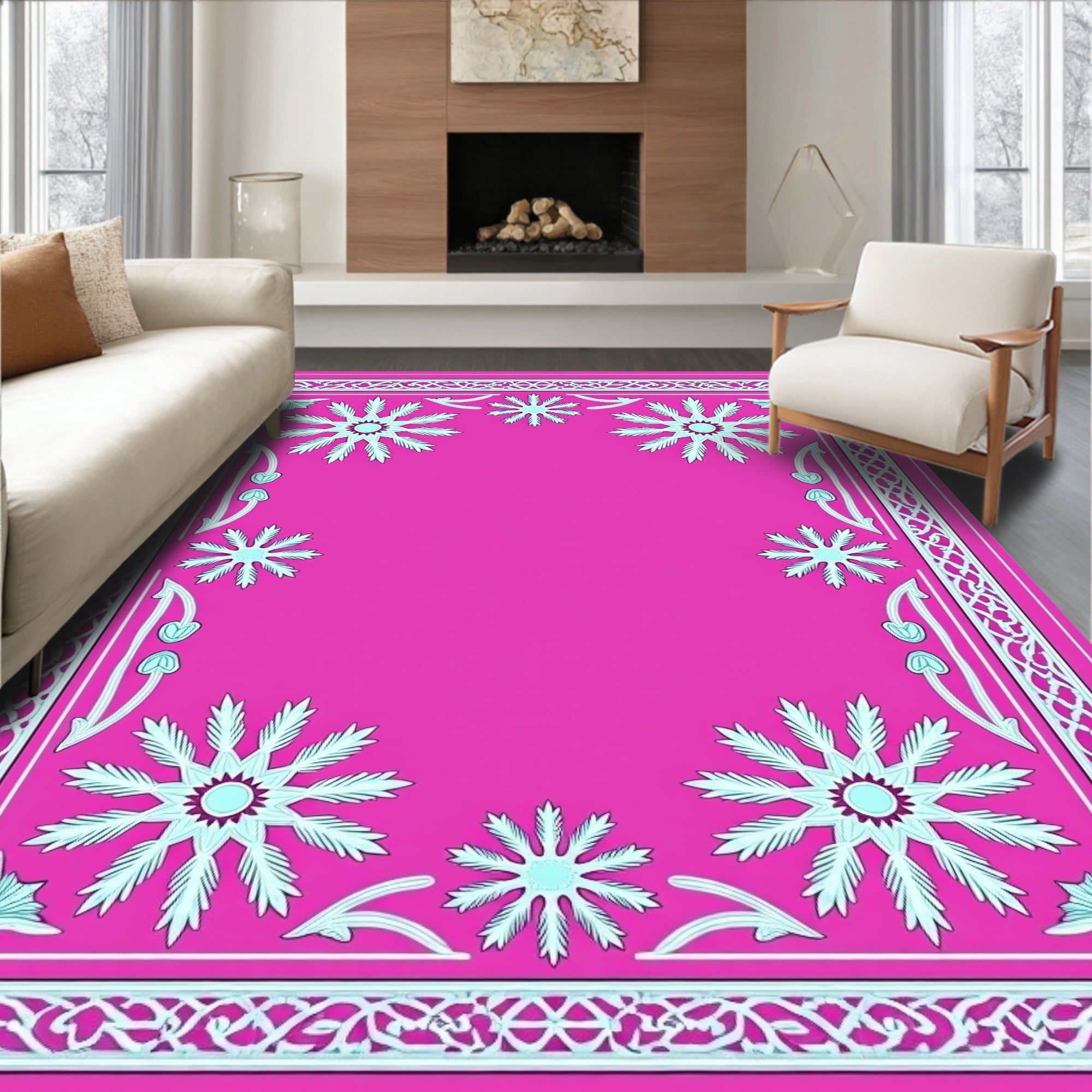 Fuchsia Floral Medallion Lattice Frame Rug