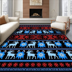 Black Red Blue Deer Folk Art Rug