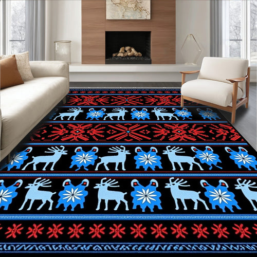 Black Red Blue Deer Folk Art Rug