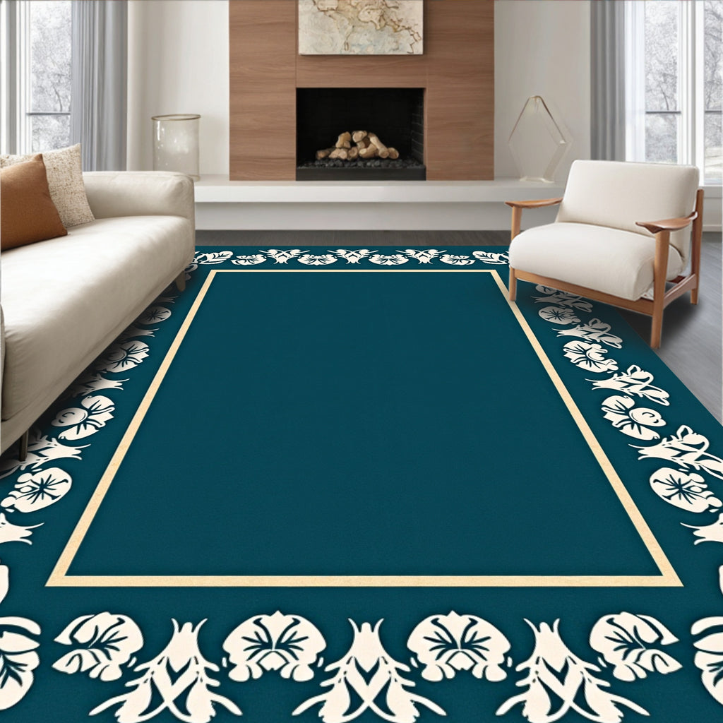 Deep Teal Floral Border Rug