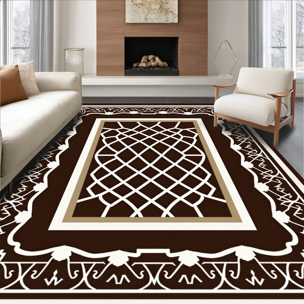Dark Brown White Geometric Lattice Frame Rug