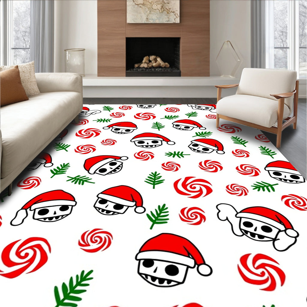 Festive Red Skulls Peppermint Sprigs Rug
