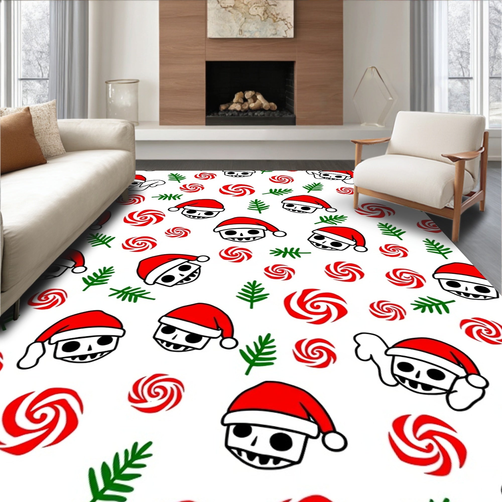 Festive Red Skulls Peppermint Sprigs Rug