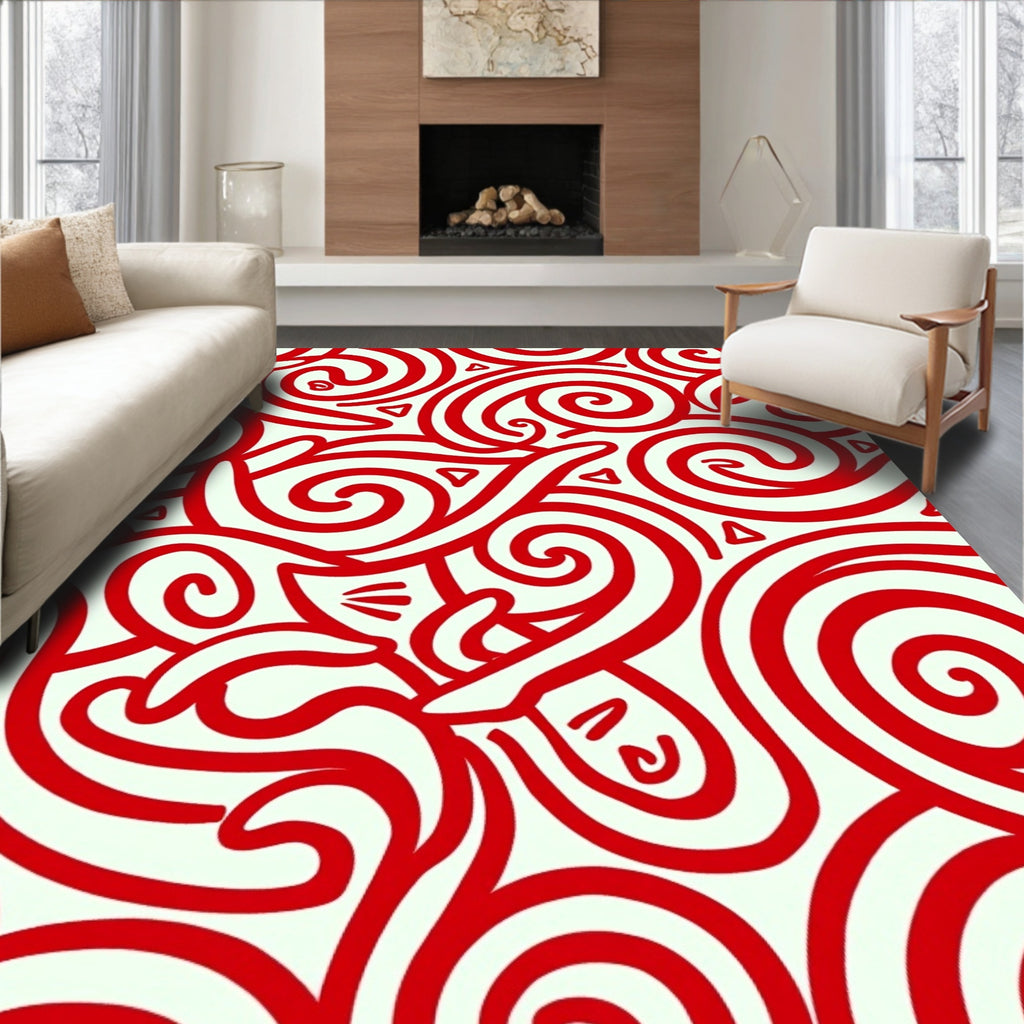Vibrant Red Swirl Cartoony Feline Rug