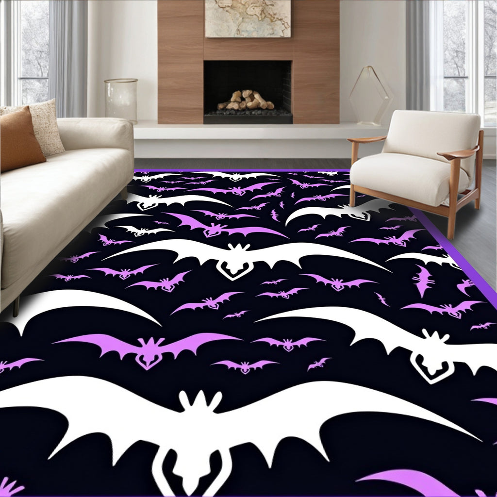 Whimsical Purple White Bat Swarm Rug