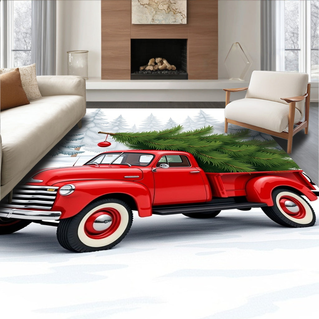 Retro Red Truck Snowy Pine Forest Rug