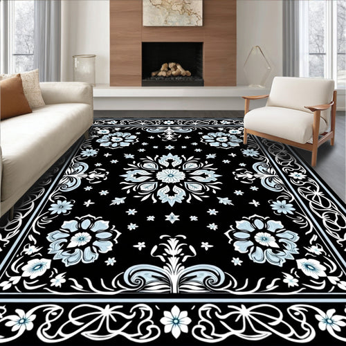 Black White Blue Floral Medallion Border Rug