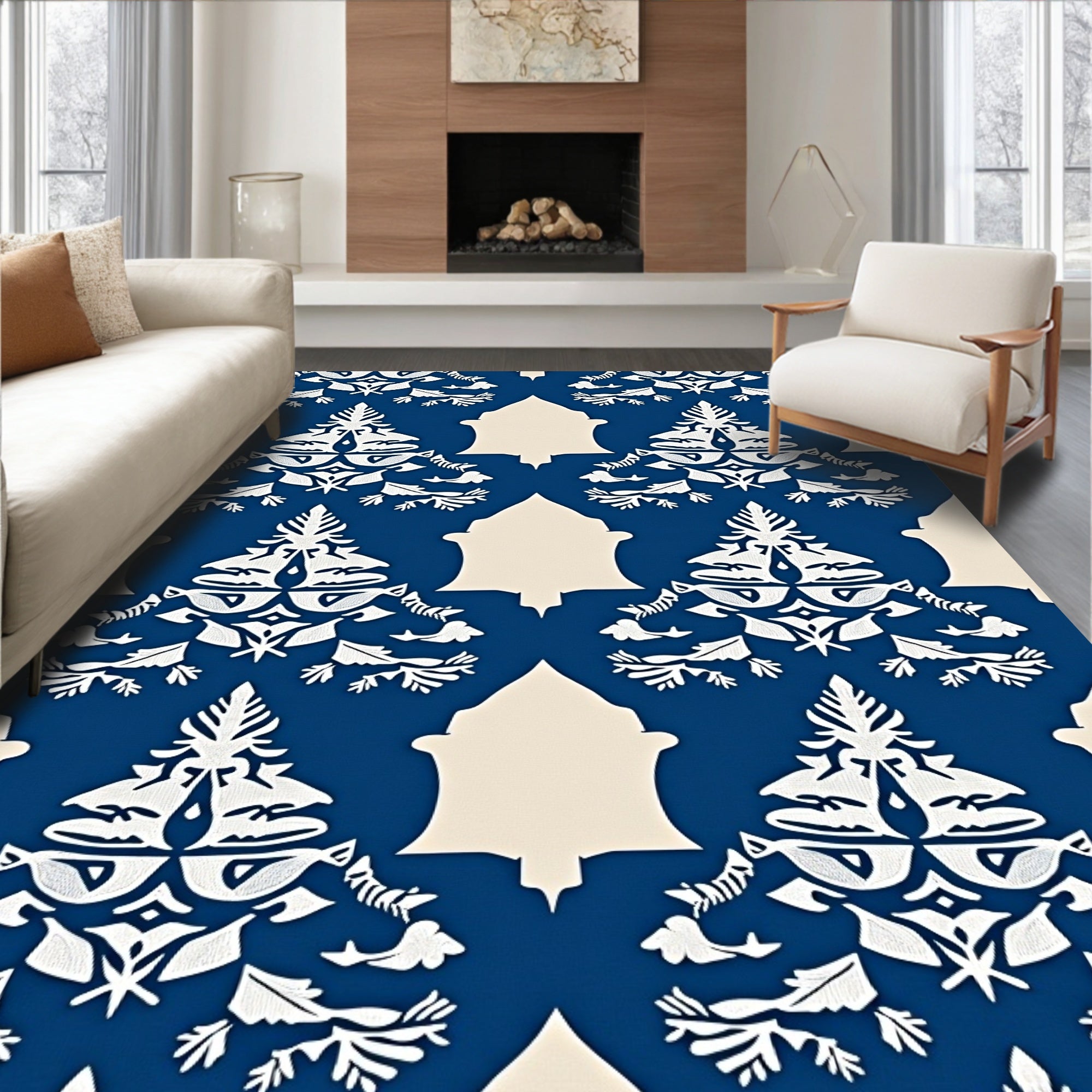 Rich Navy White Crested Floral Rug