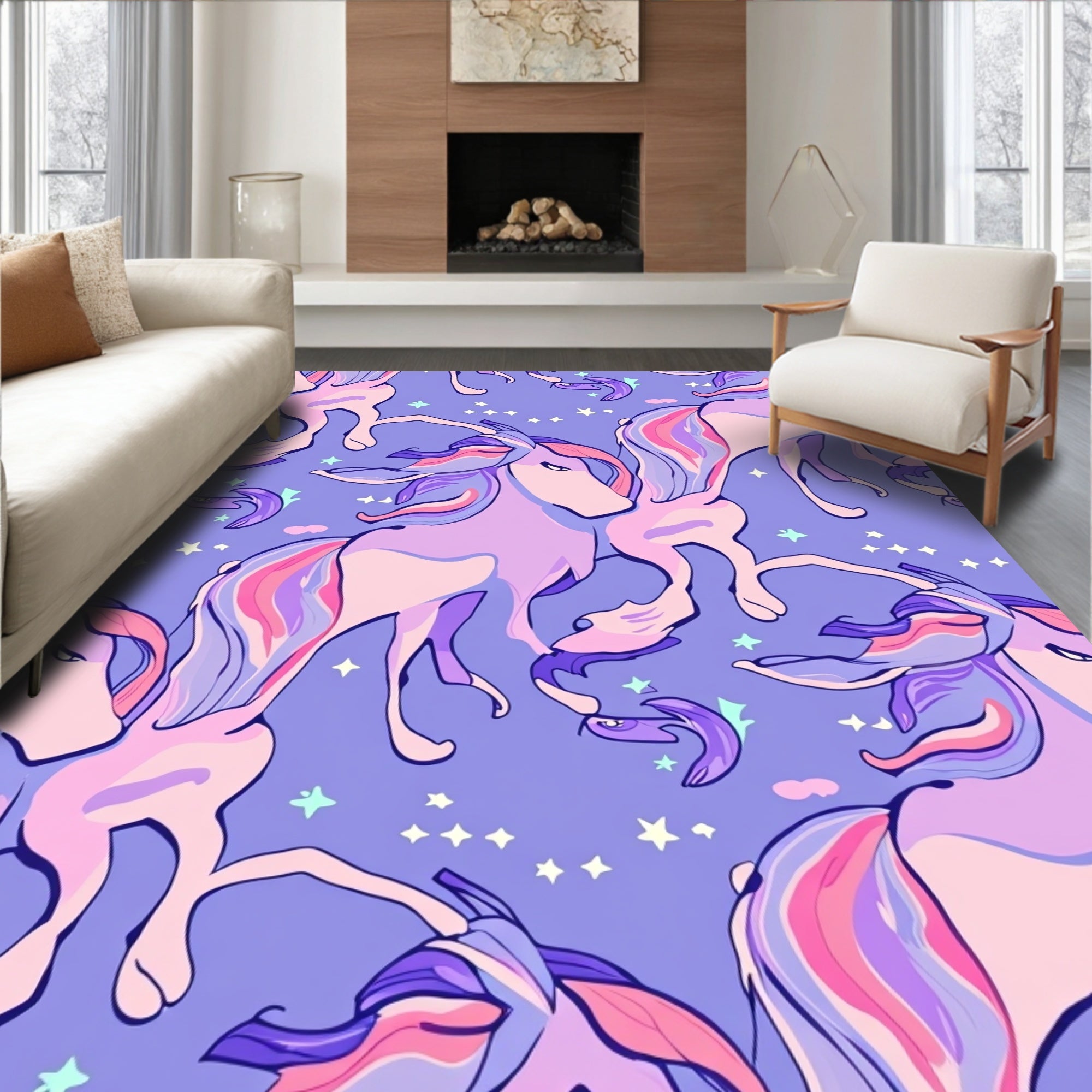 Whimsical Unicorns In Pastel Galaxy Rug