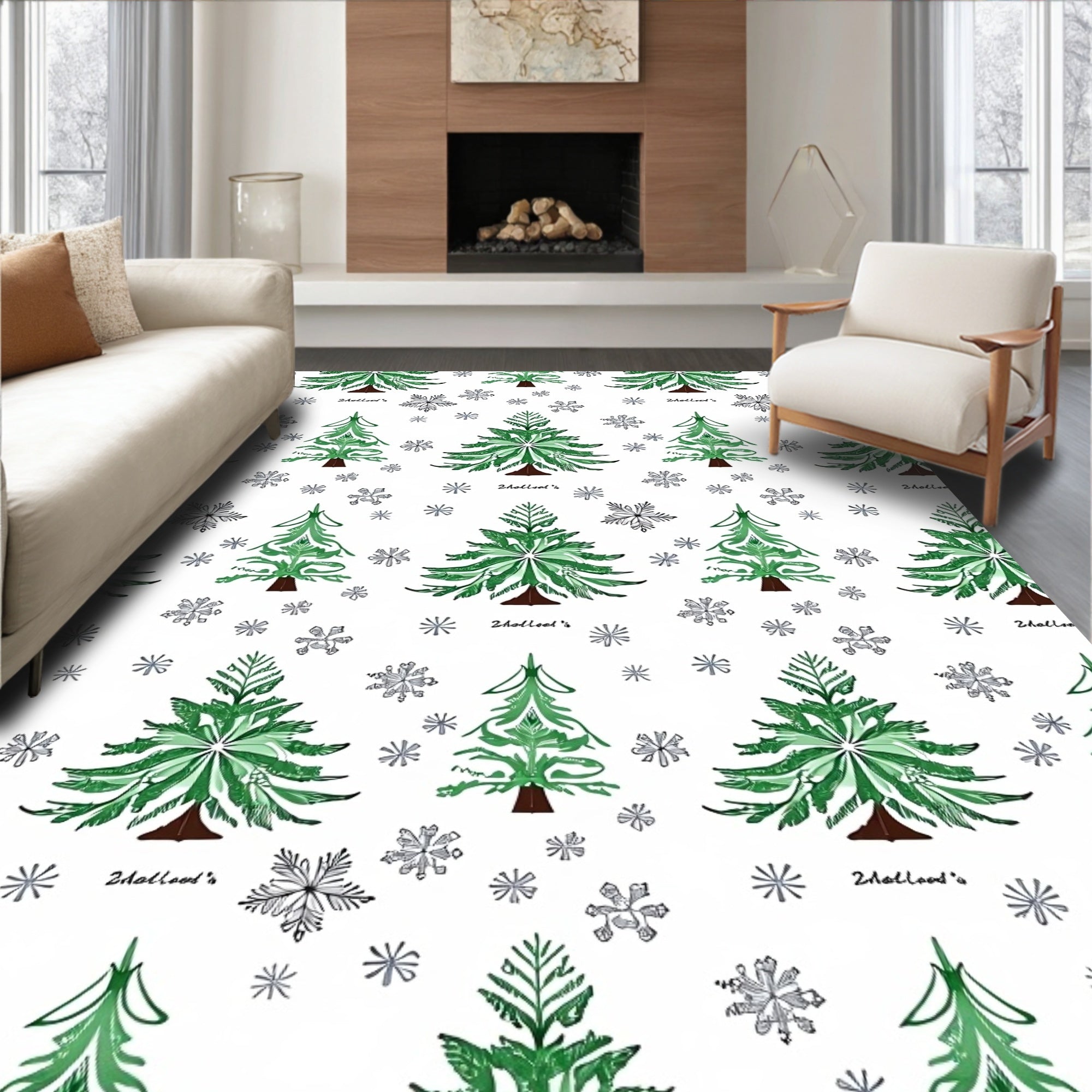 Green Pine Tree Snowflakes Repeat Rug