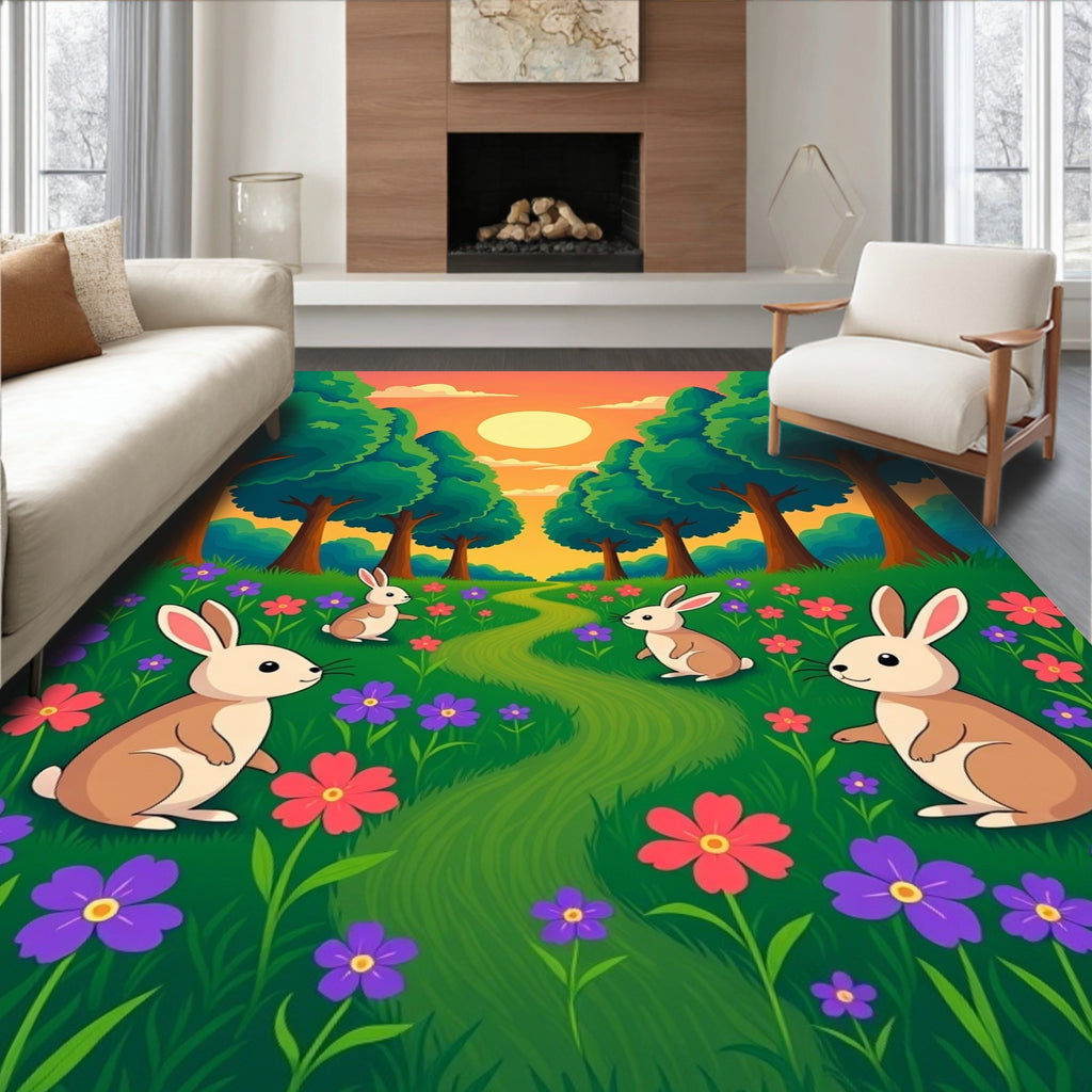 Enchanting WoodlandEaster bunnies meadow path Rug