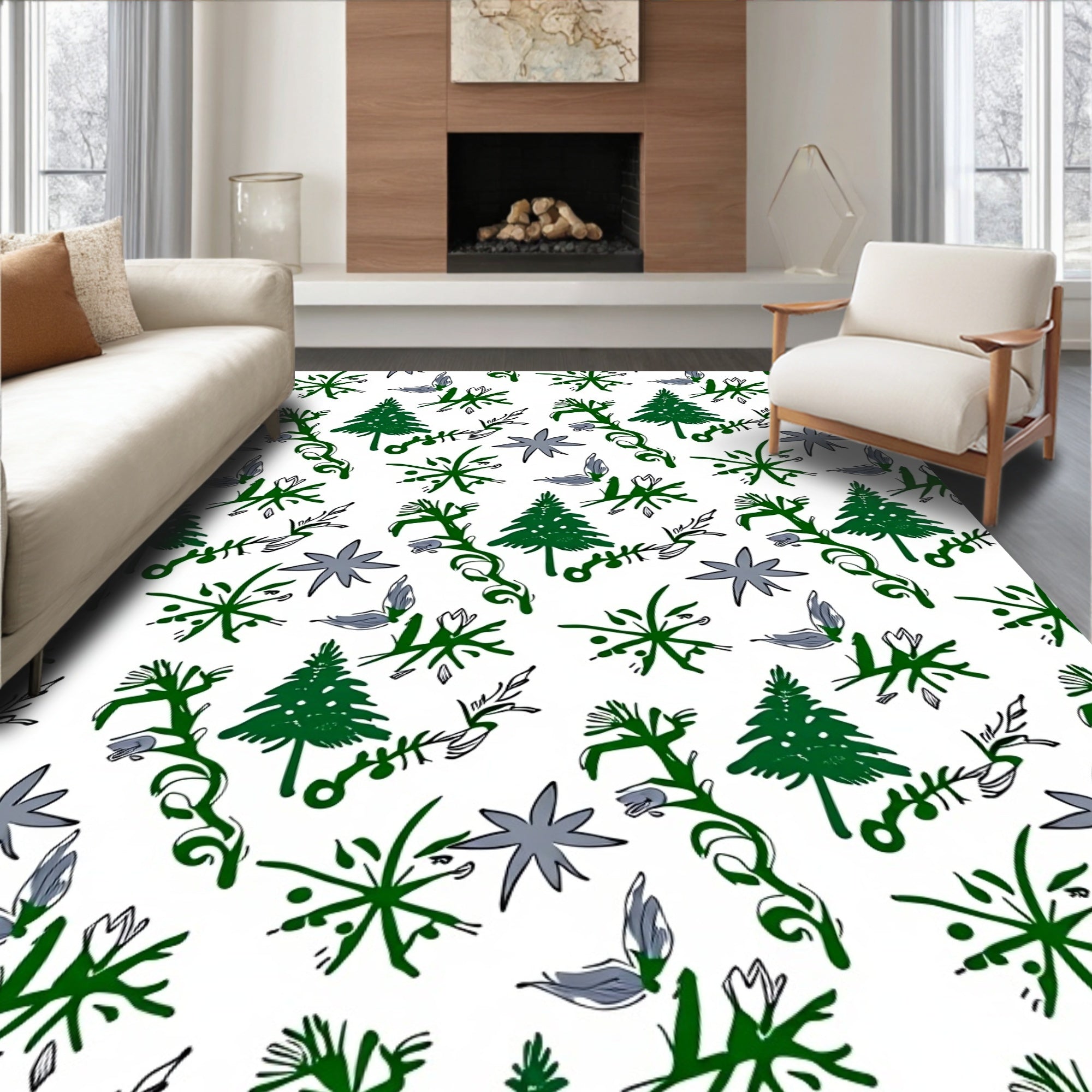 Green Evergreen Stars and Blooms Rug
