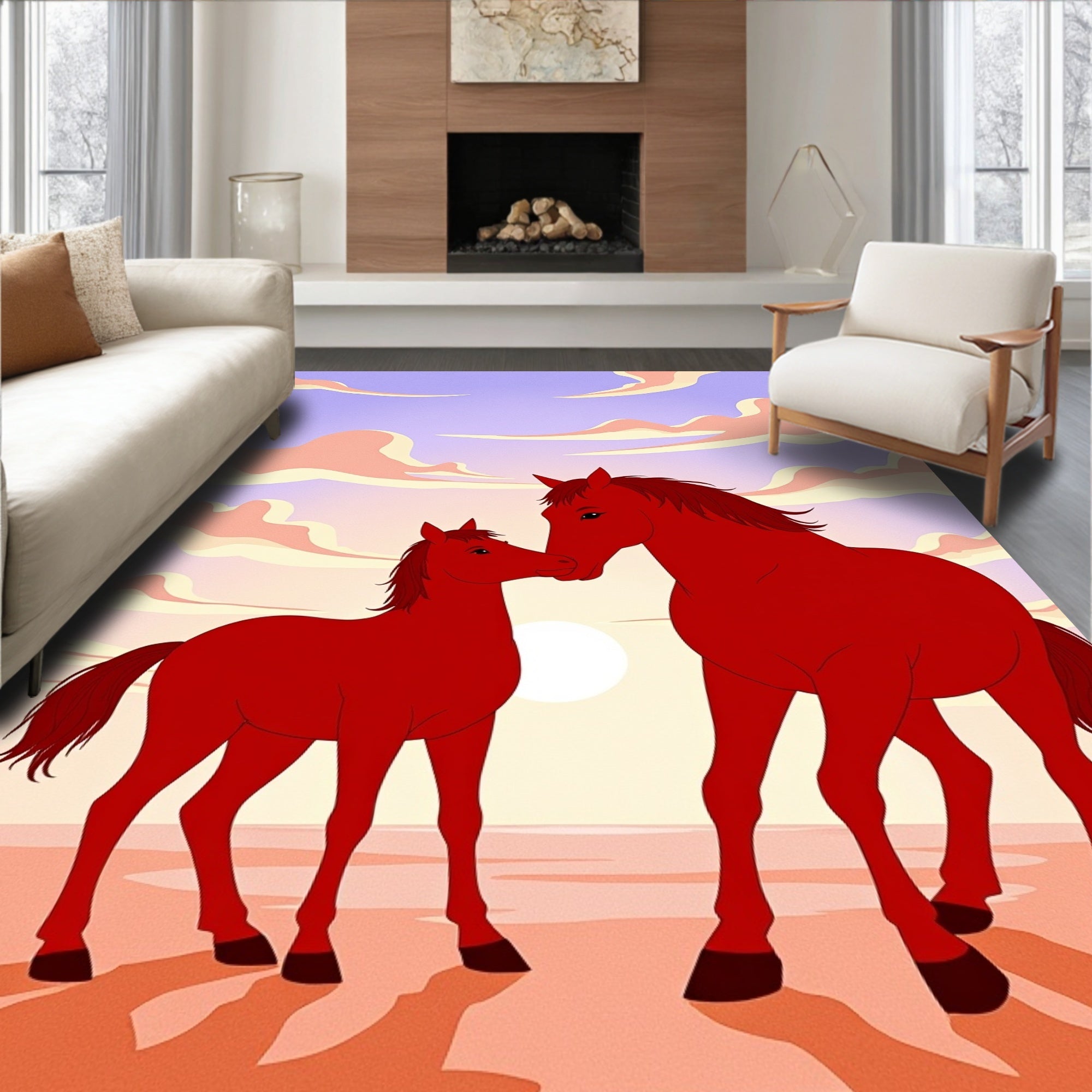 Crimson Horses Dusk Sky CloudscapeRug Rug