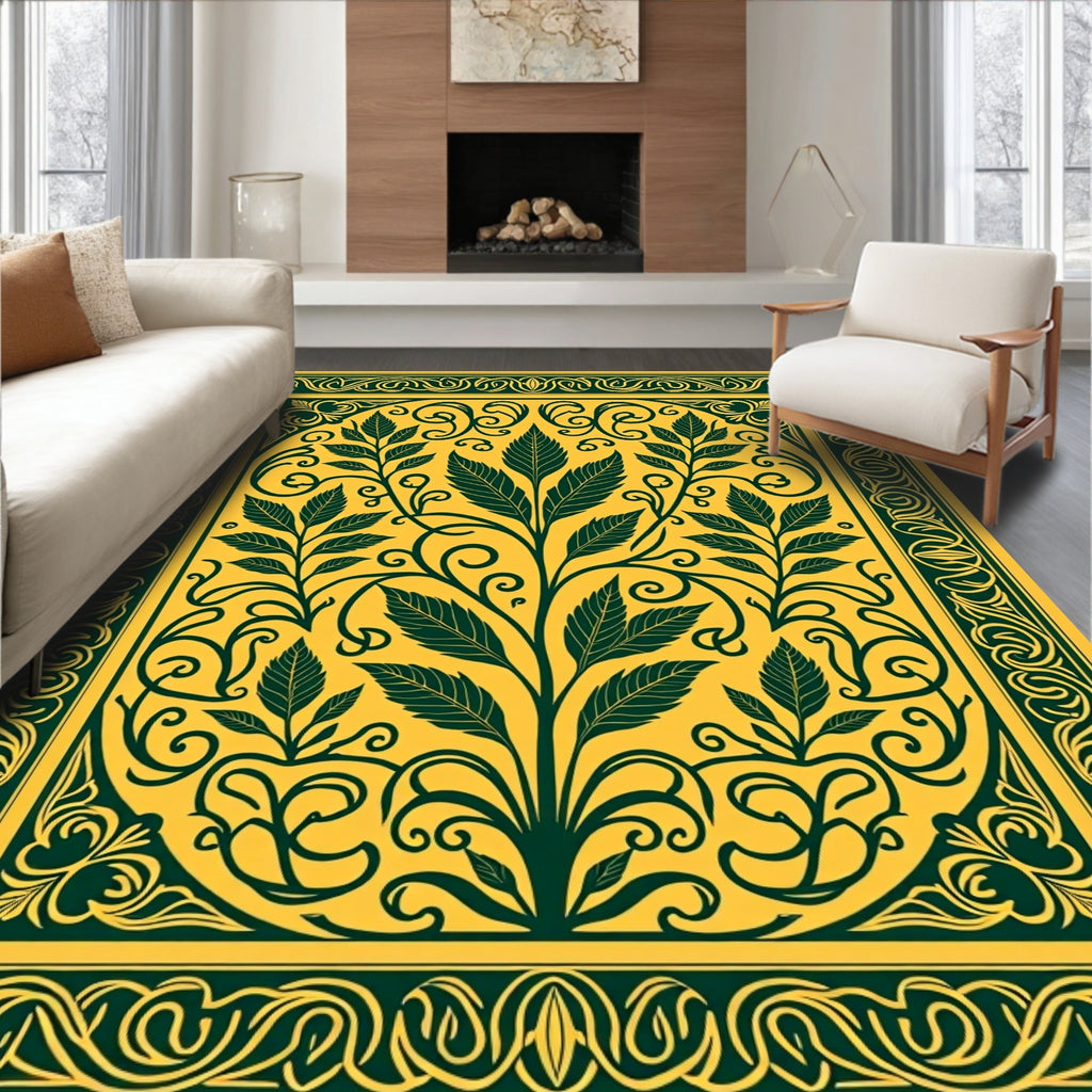 Golden Yellow Green Floral Scrollwork Rug