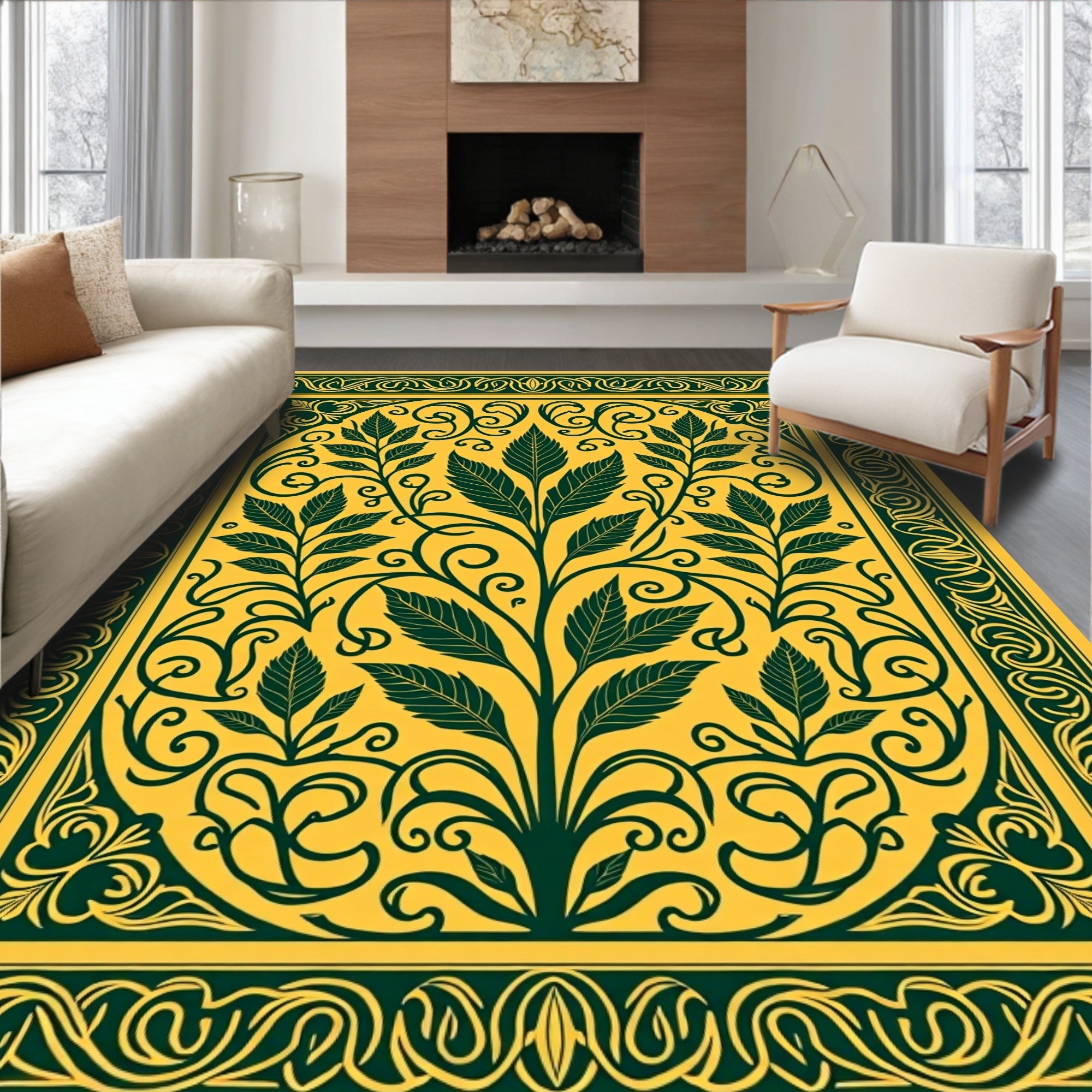 Golden Yellow Green Floral Scrollwork Rug